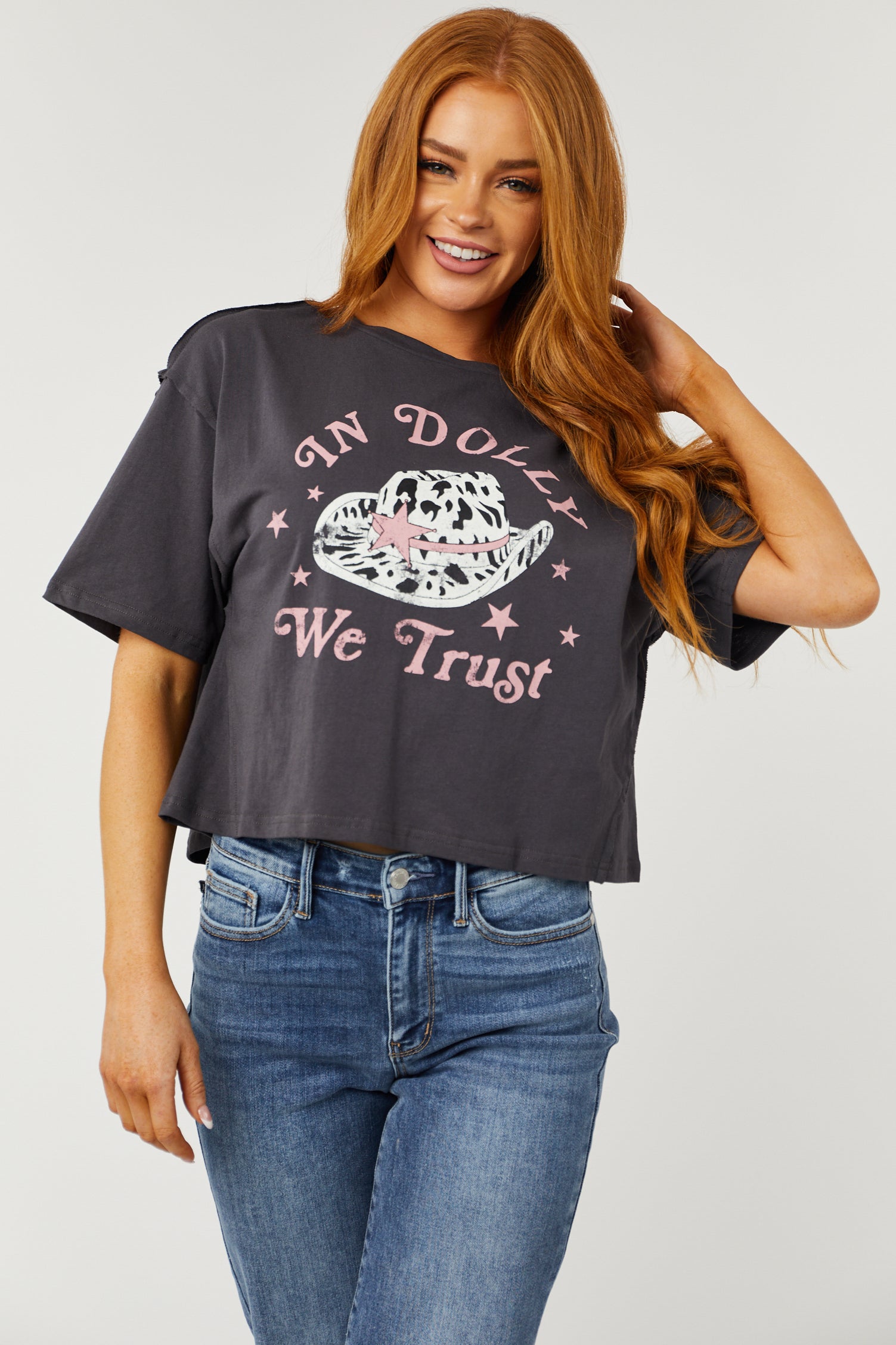 Charcoal 'In Dolly We Trust' Graphic Crop Top-Newayad