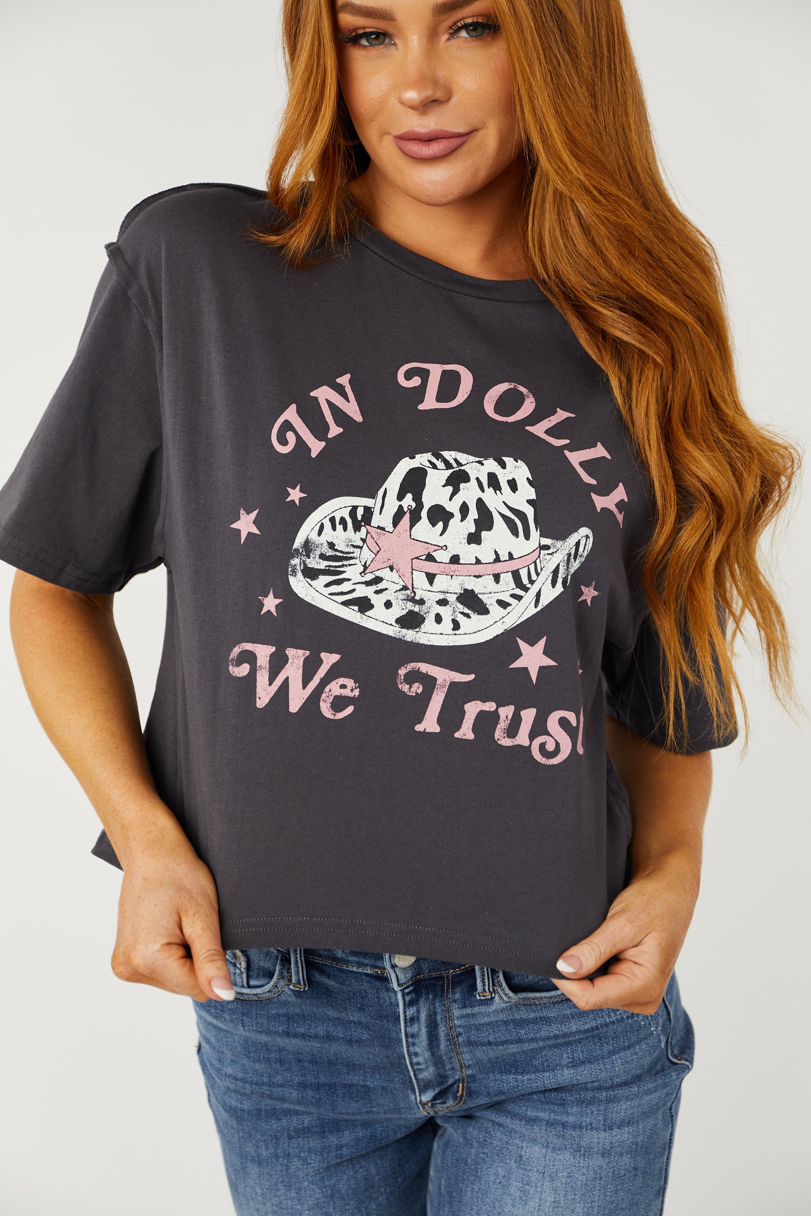 Charcoal 'In Dolly We Trust' Graphic Crop Top-Newayad