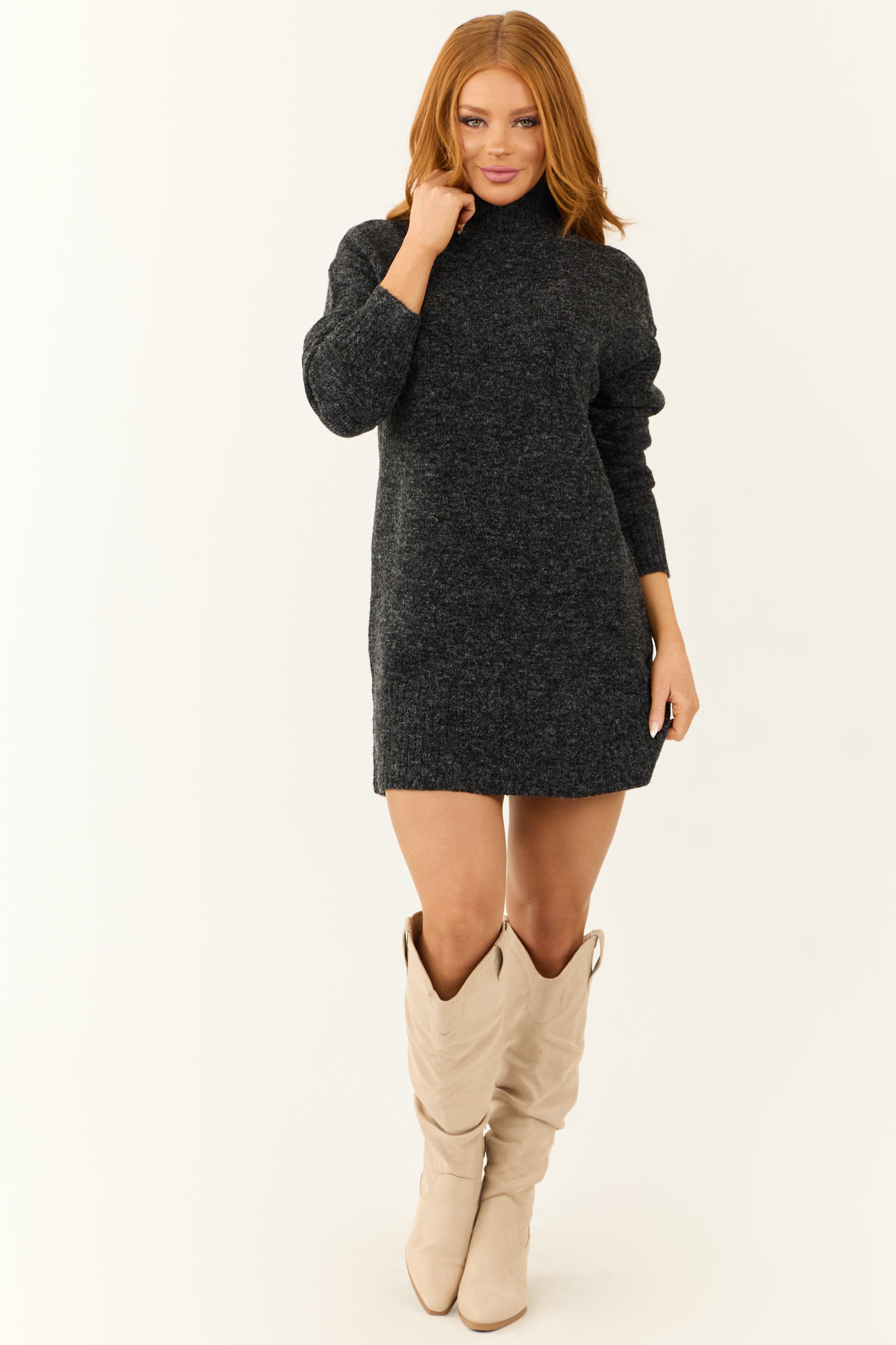 Charcoal Mock Neck Mini Sweater Dress-Newayad