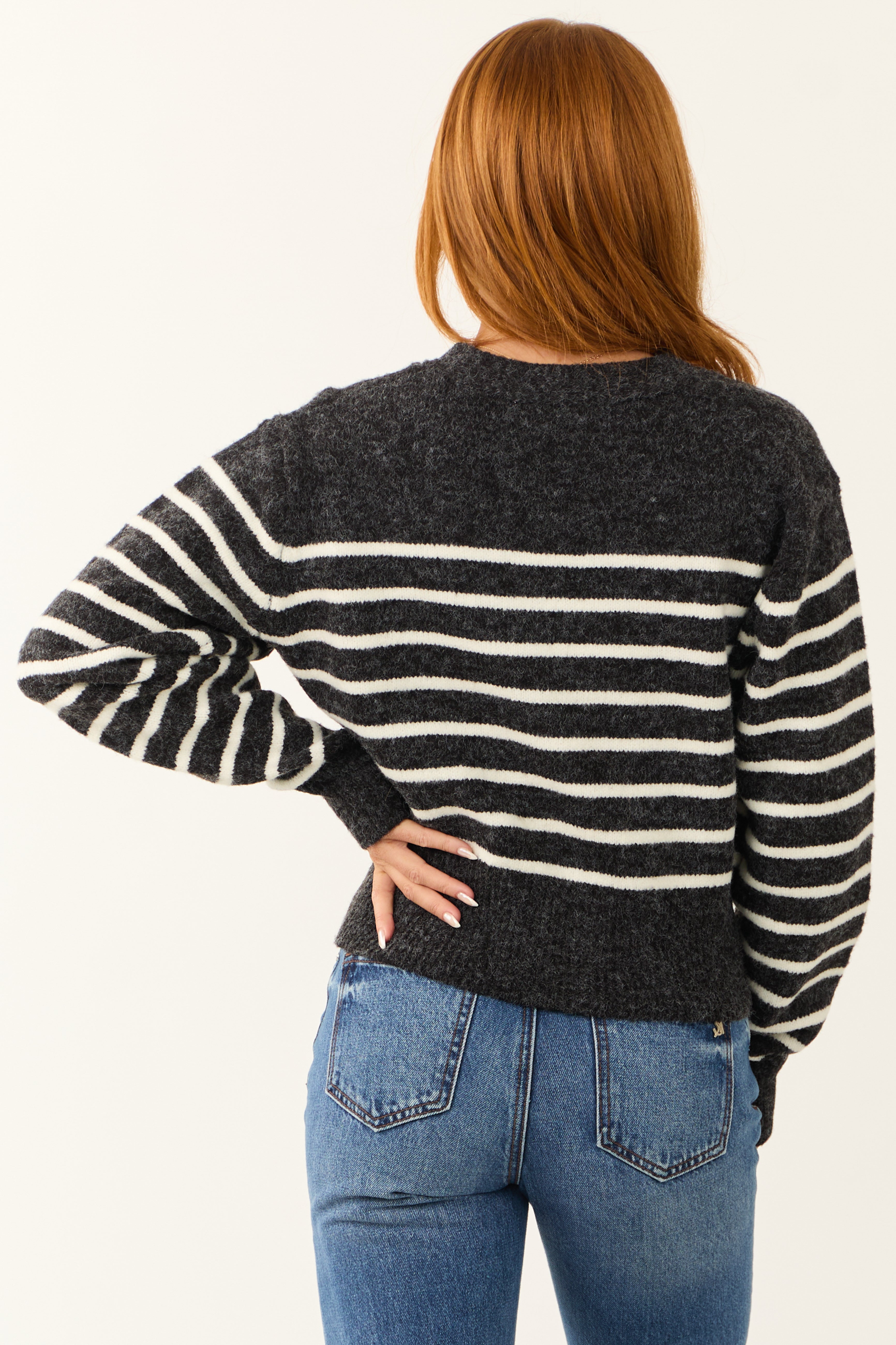 Charcoal Striped Cropped Button Up Cardigan-Newayad