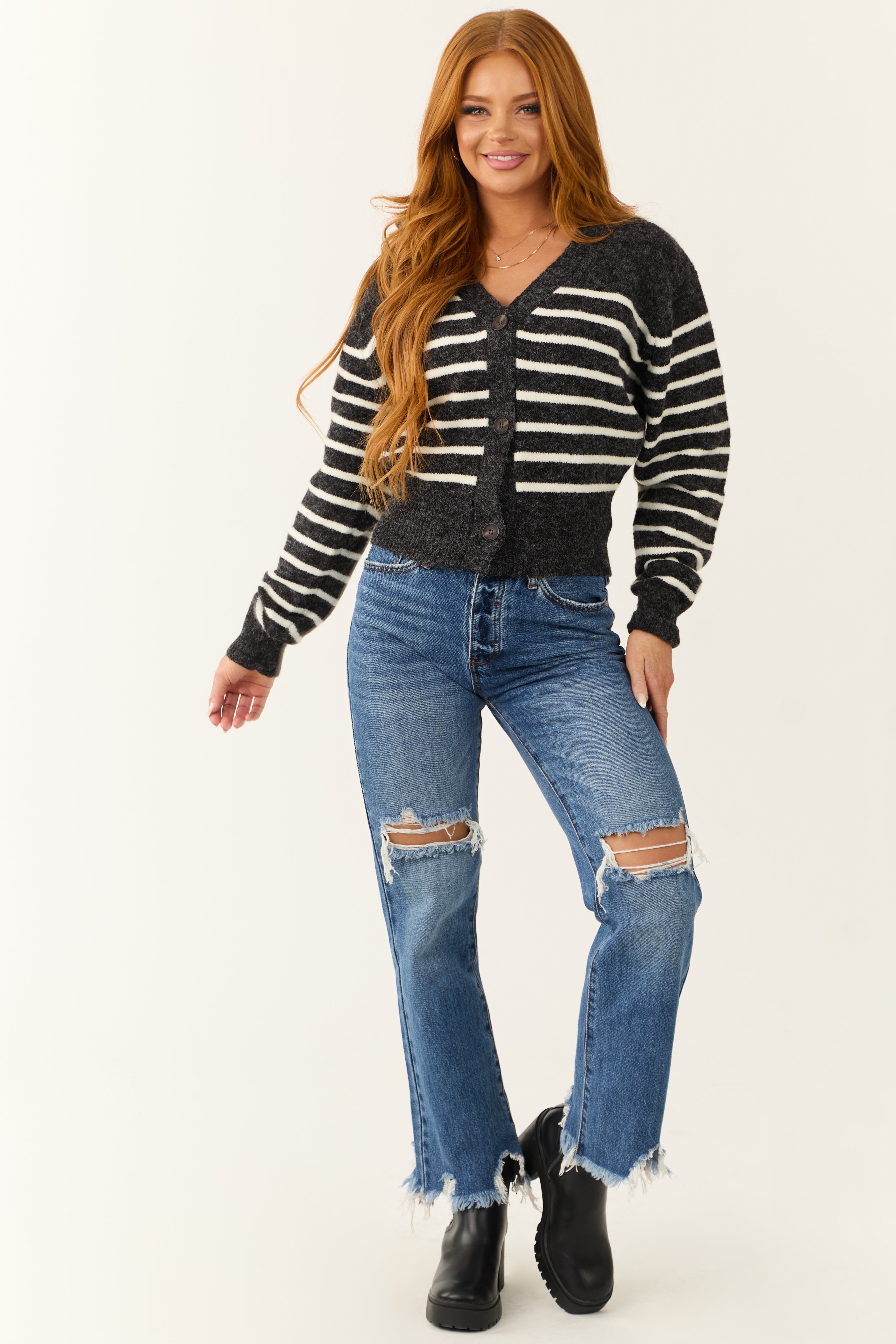 Charcoal Striped Cropped Button Up Cardigan-Newayad