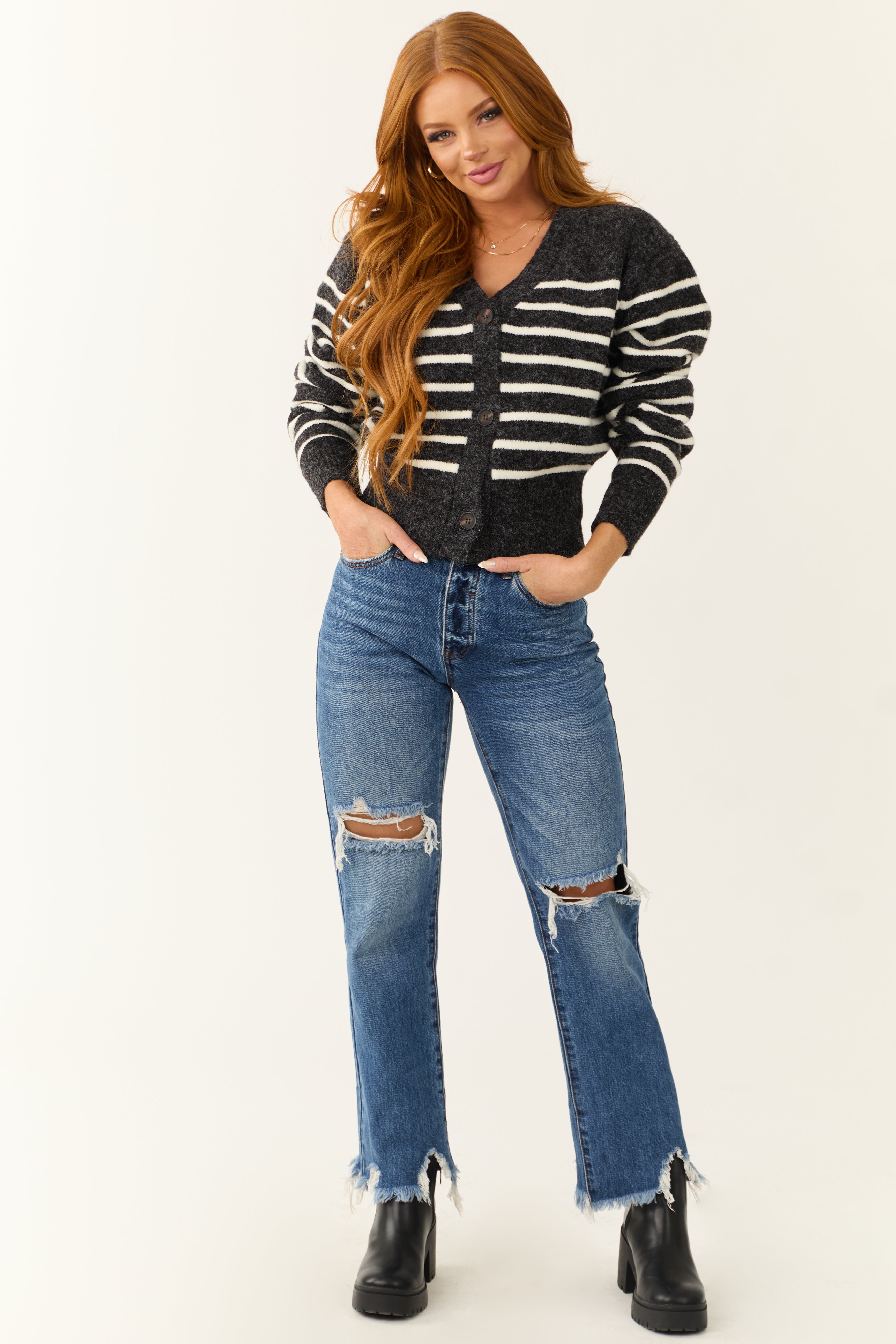 Charcoal Striped Cropped Button Up Cardigan-Newayad