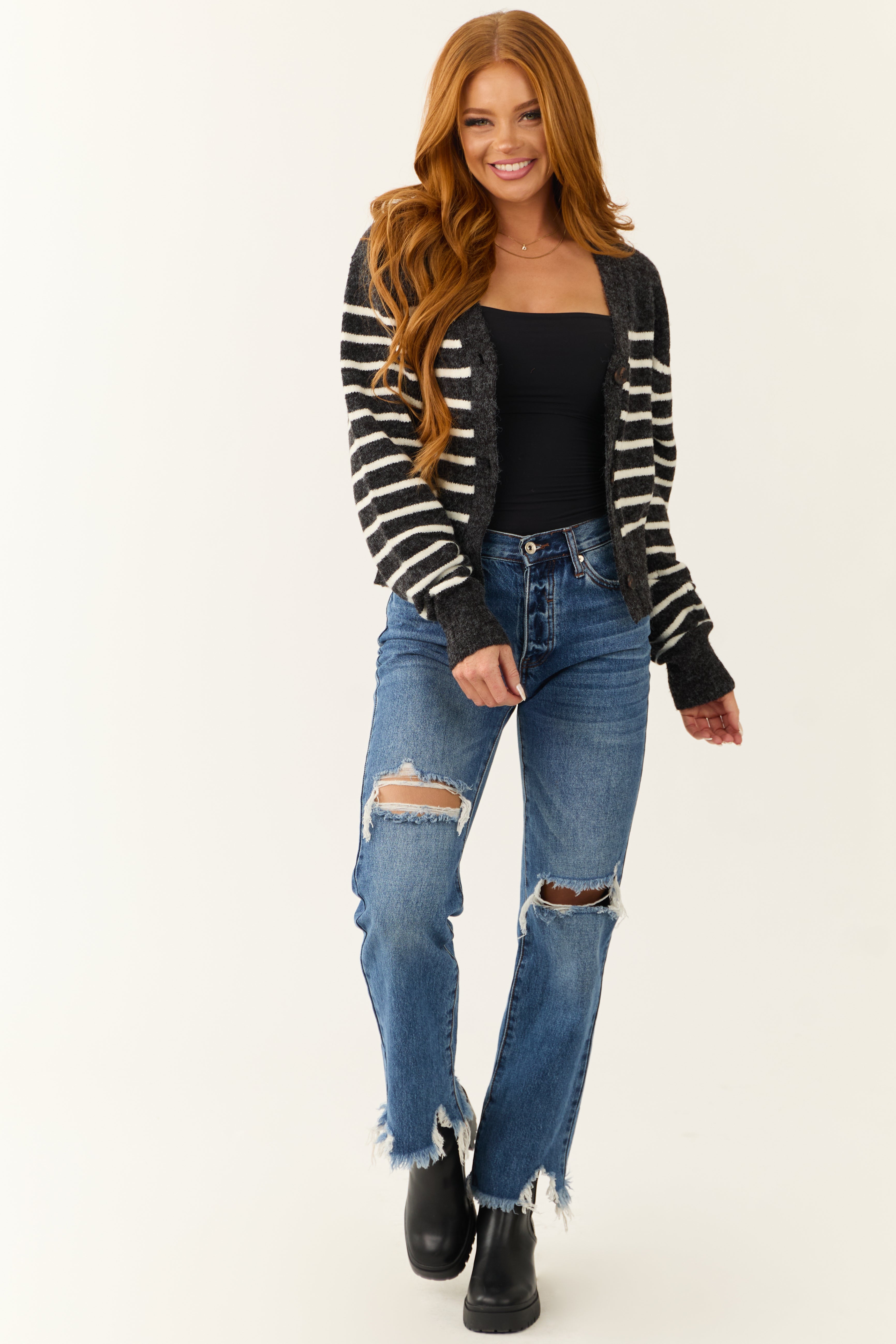 Charcoal Striped Cropped Button Up Cardigan-Newayad