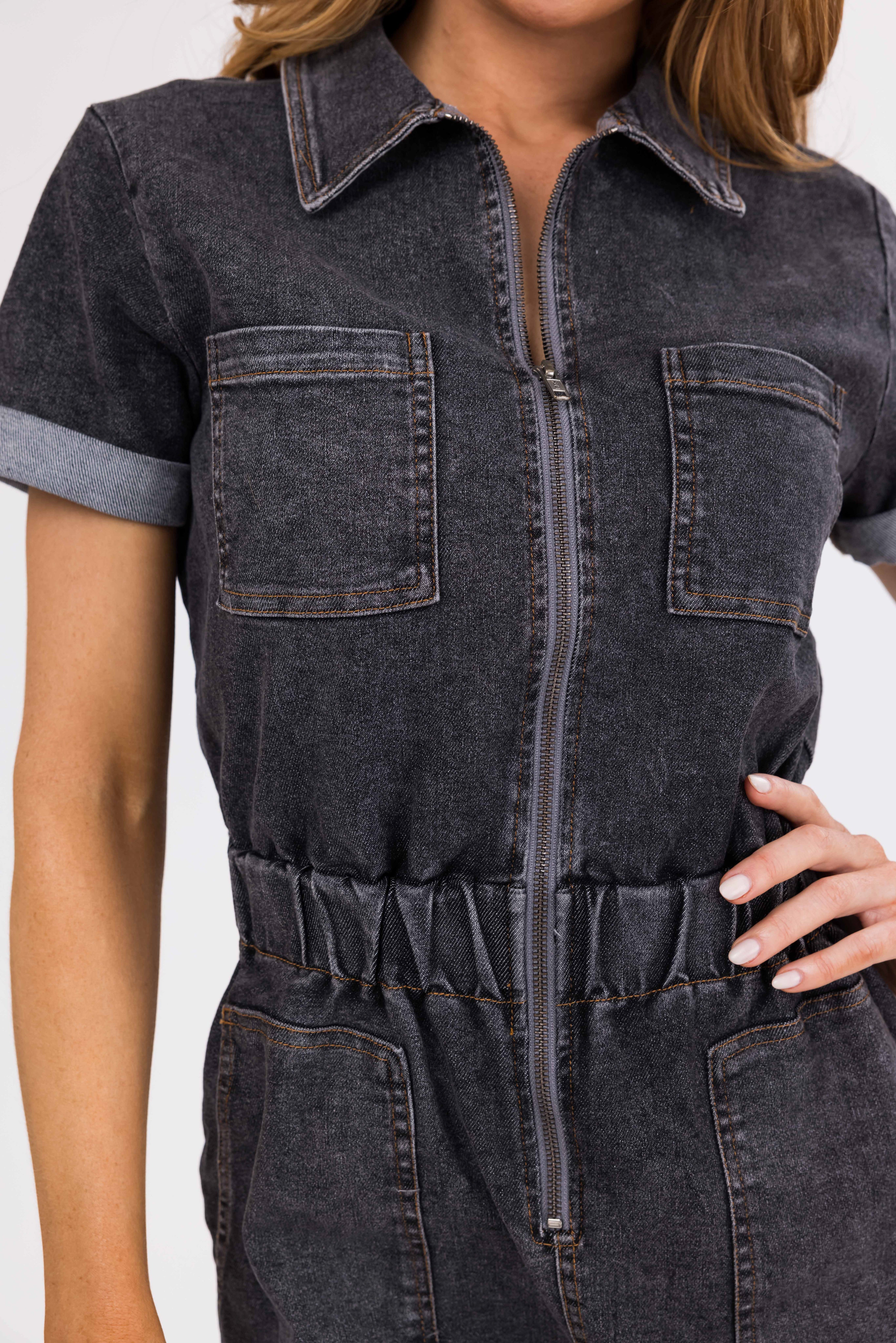 Charcoal Zip Up Short Sleeve Denim Romper-Newayad
