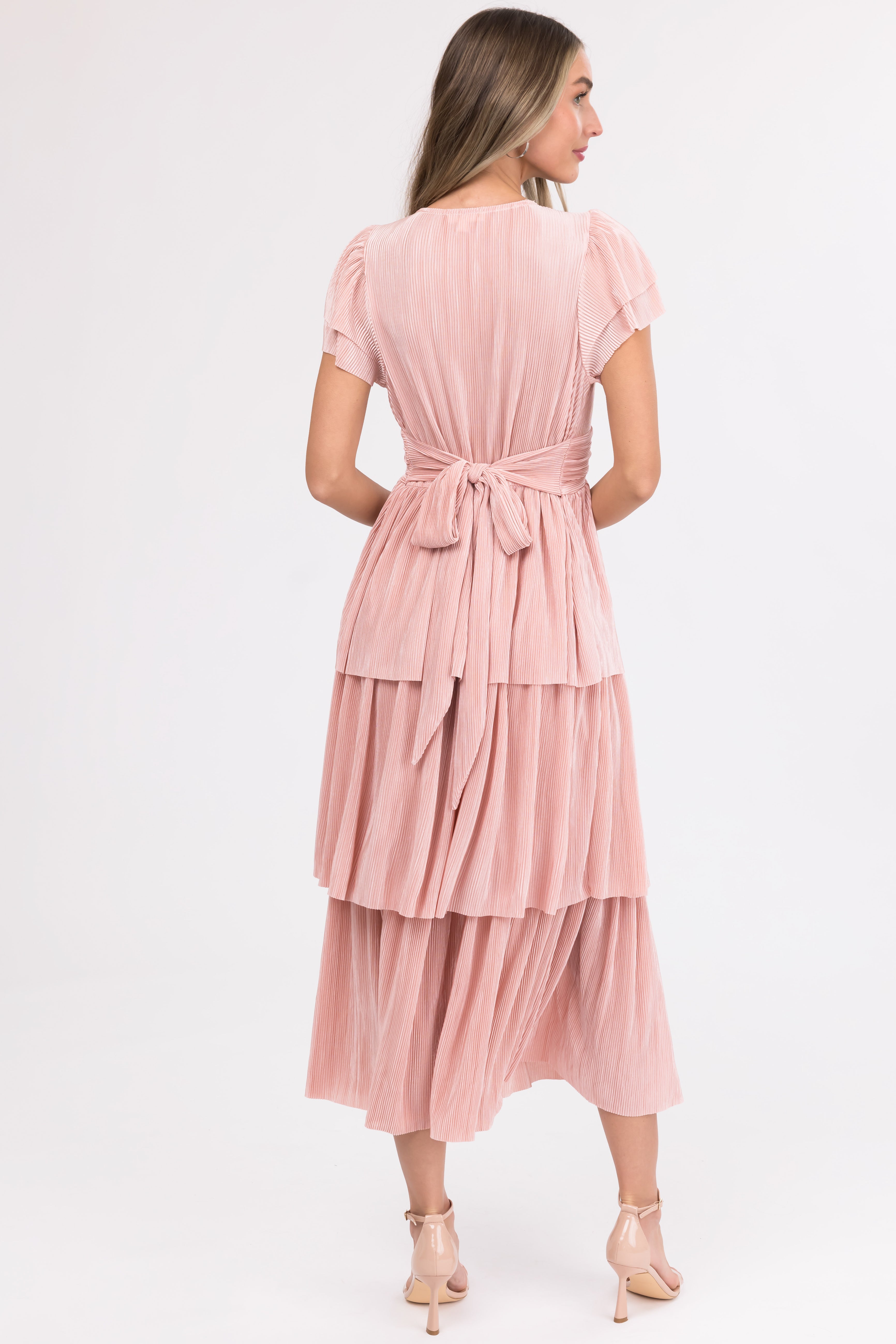 Cherry Blossom Pleated Ruffle Tiered Midi Dress-Newayad