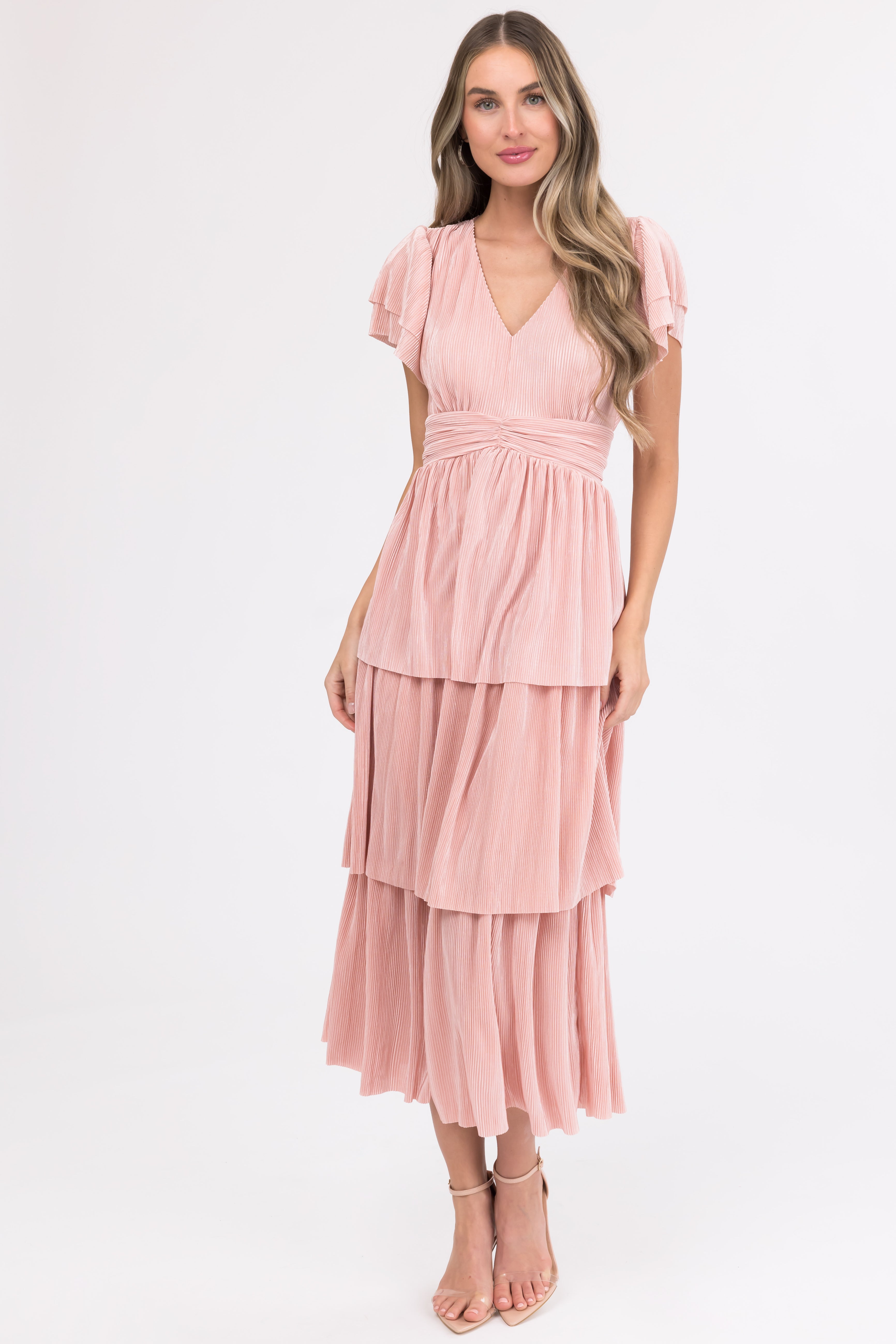 Cherry Blossom Pleated Ruffle Tiered Midi Dress-Newayad