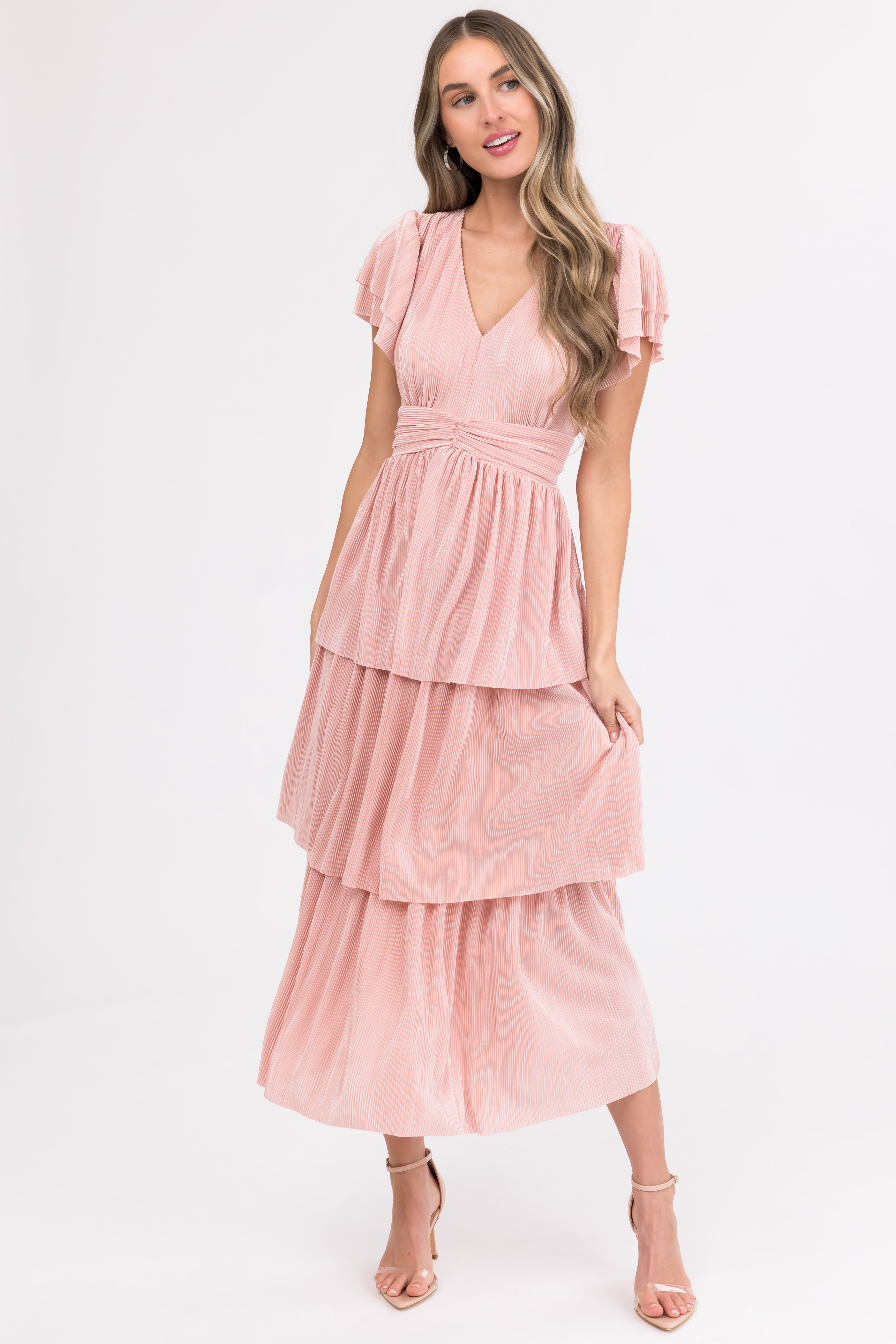 Cherry Blossom Pleated Ruffle Tiered Midi Dress-Newayad