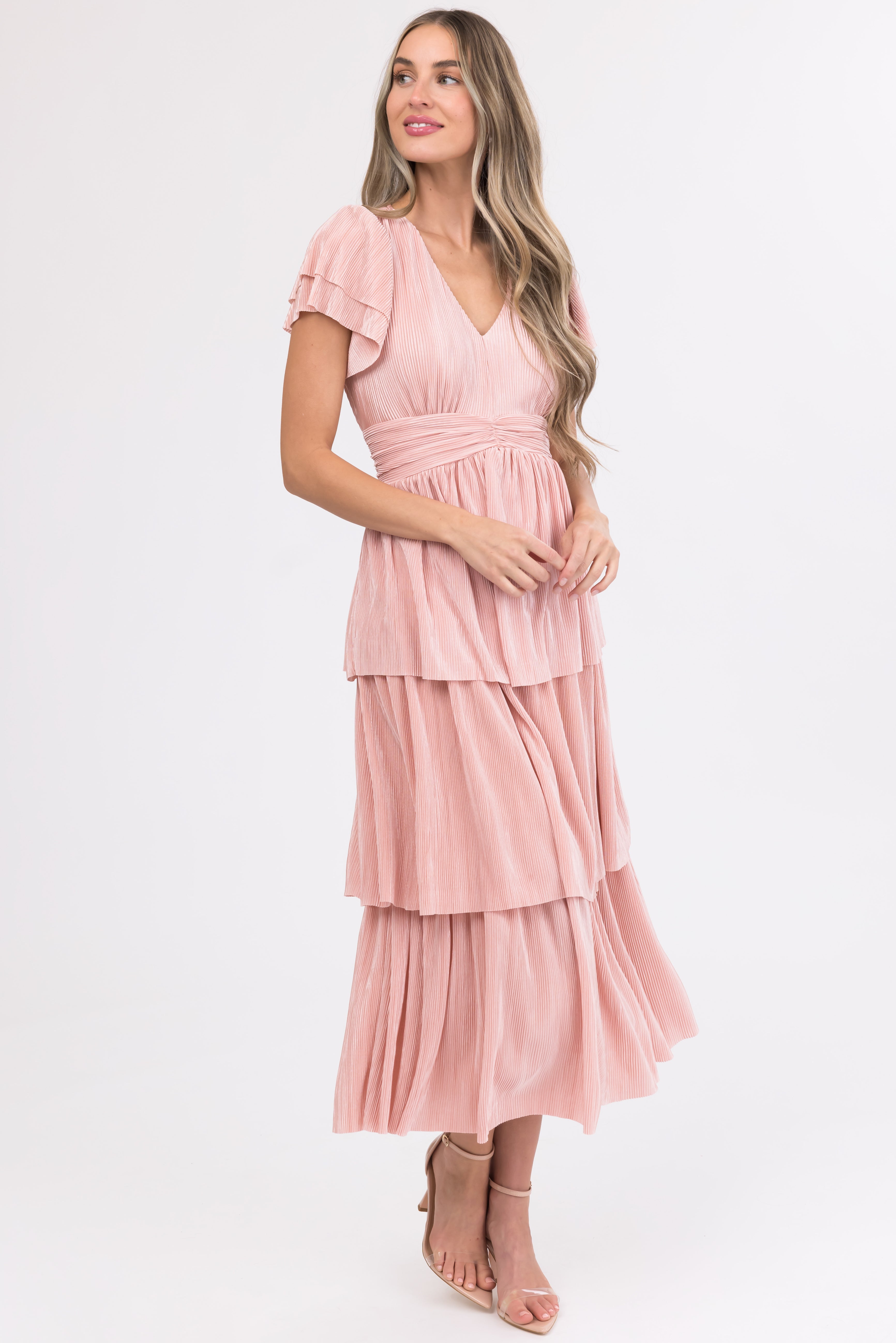 Cherry Blossom Pleated Ruffle Tiered Midi Dress-Newayad