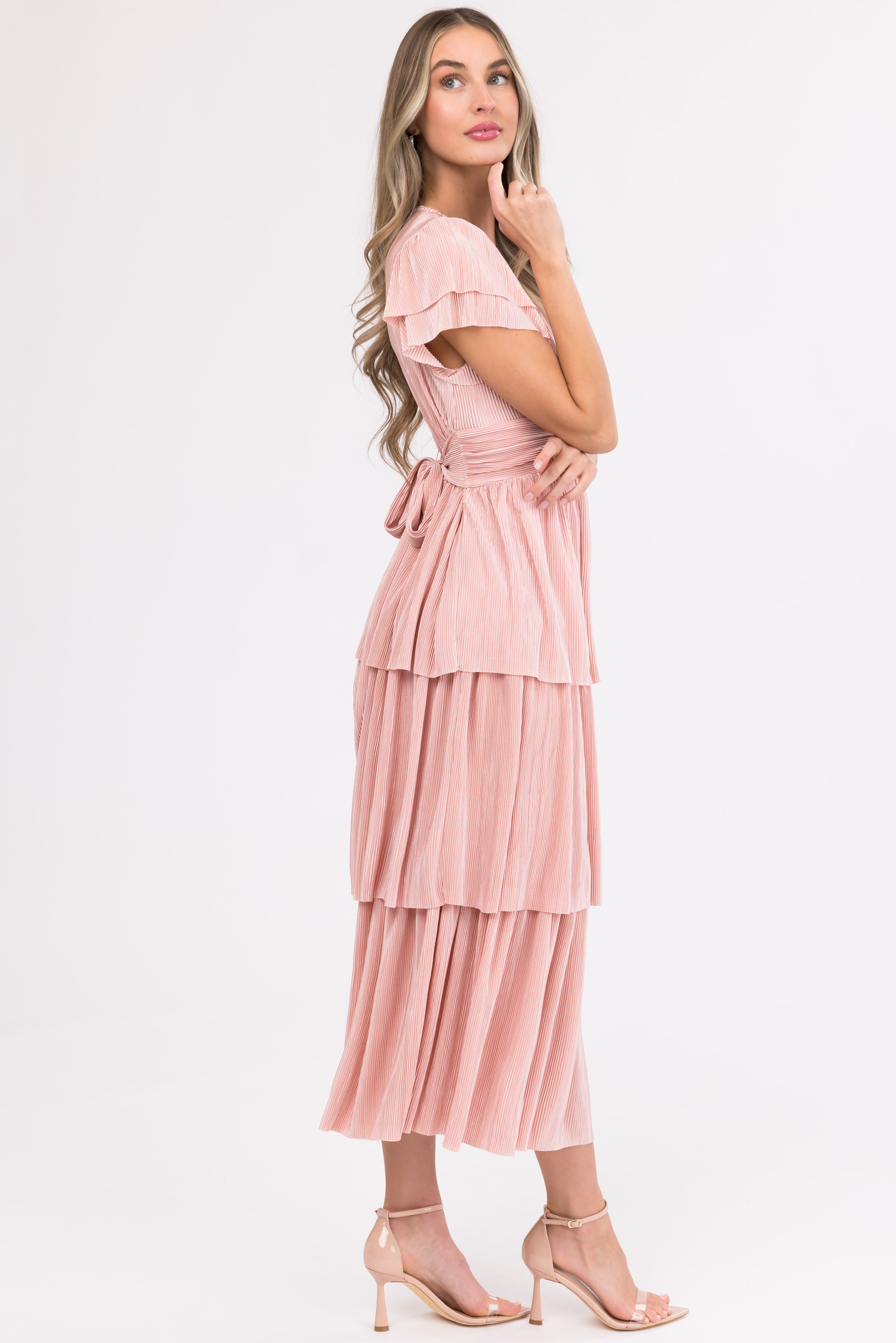 Cherry Blossom Pleated Ruffle Tiered Midi Dress-Newayad