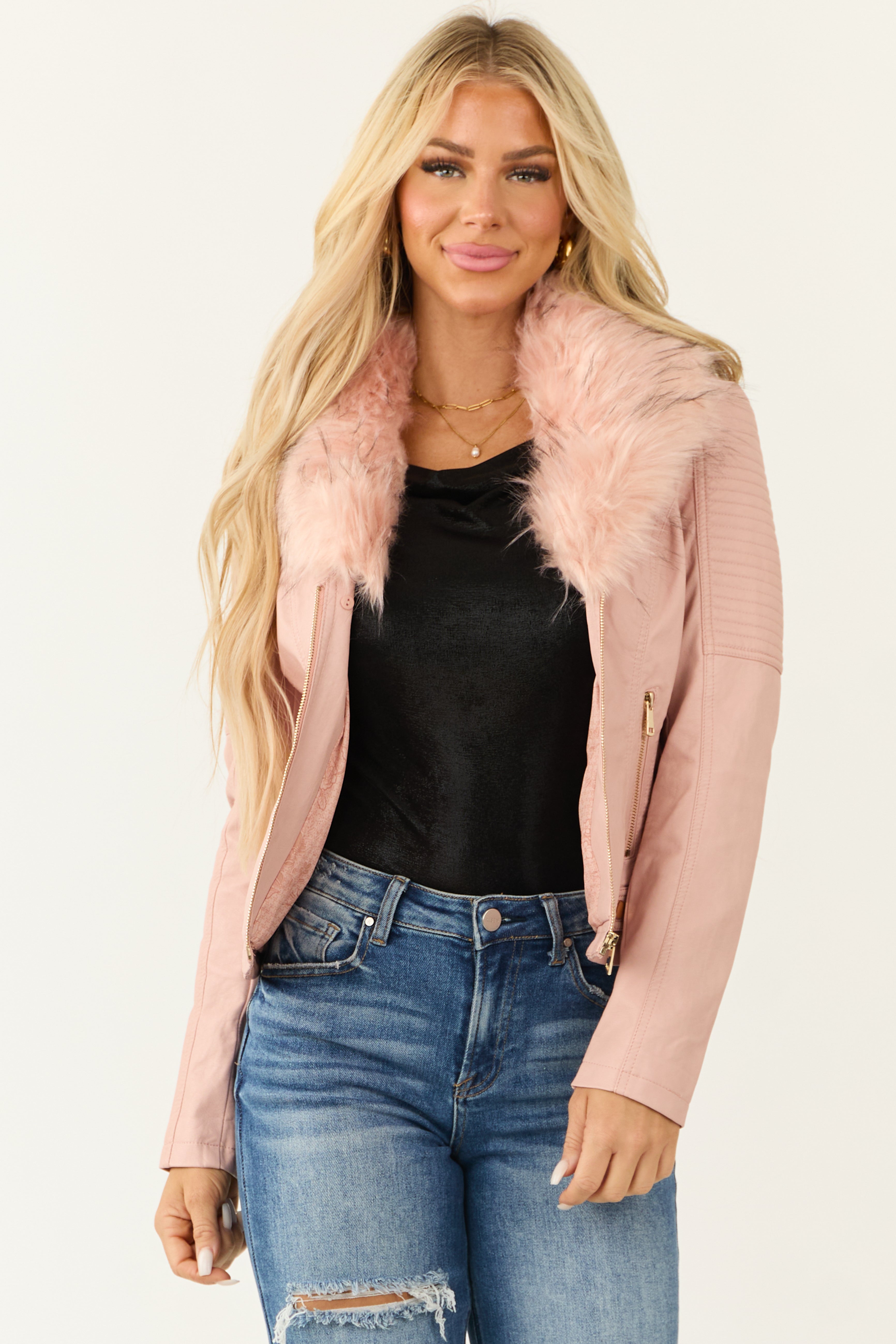 Cherry Blossom Zip Up Faux Leather Jacket-Newayad