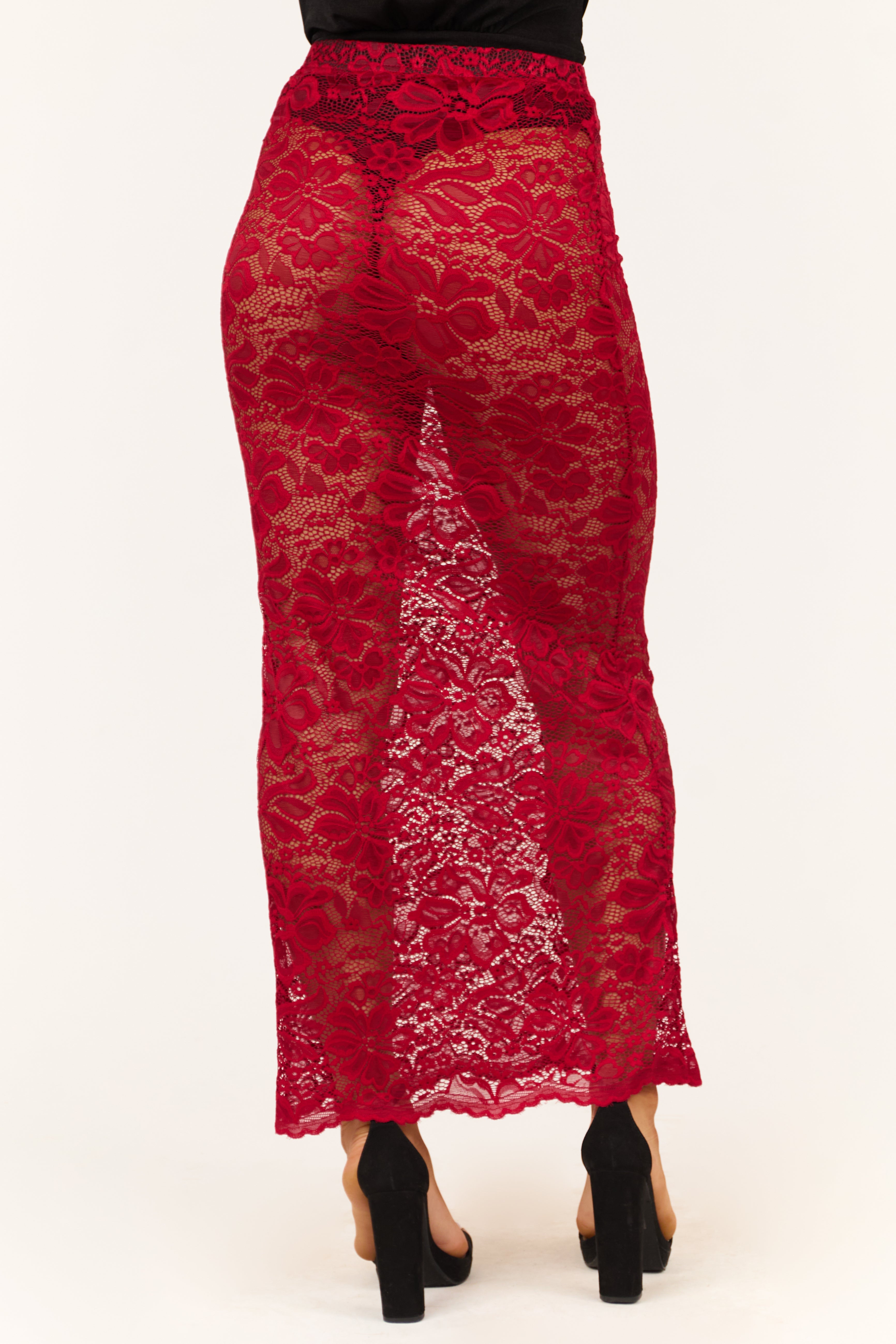 Cherry Sheer Floral Lace Slight Flare Maxi Skirt-Newayad