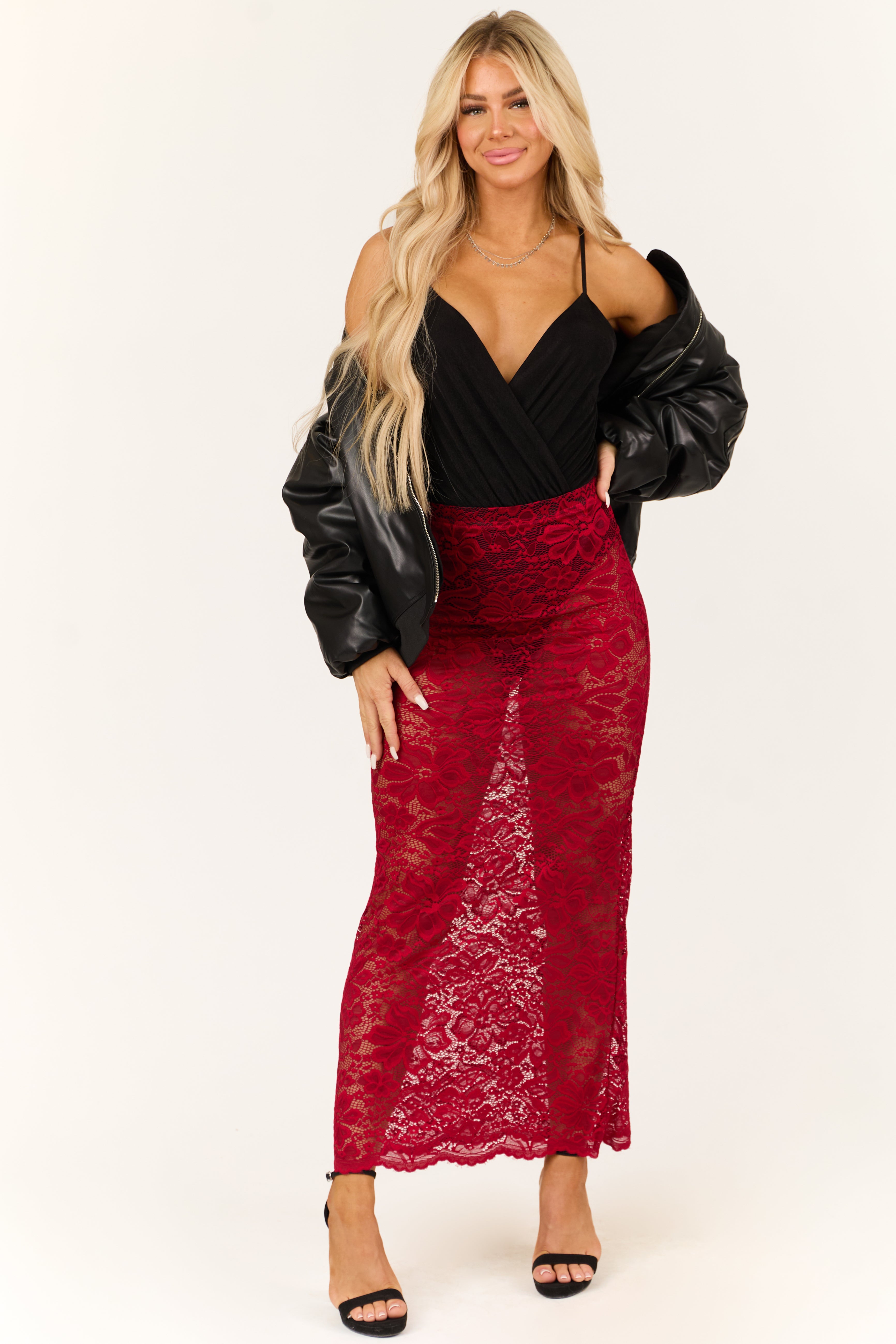 Cherry Sheer Floral Lace Slight Flare Maxi Skirt-Newayad