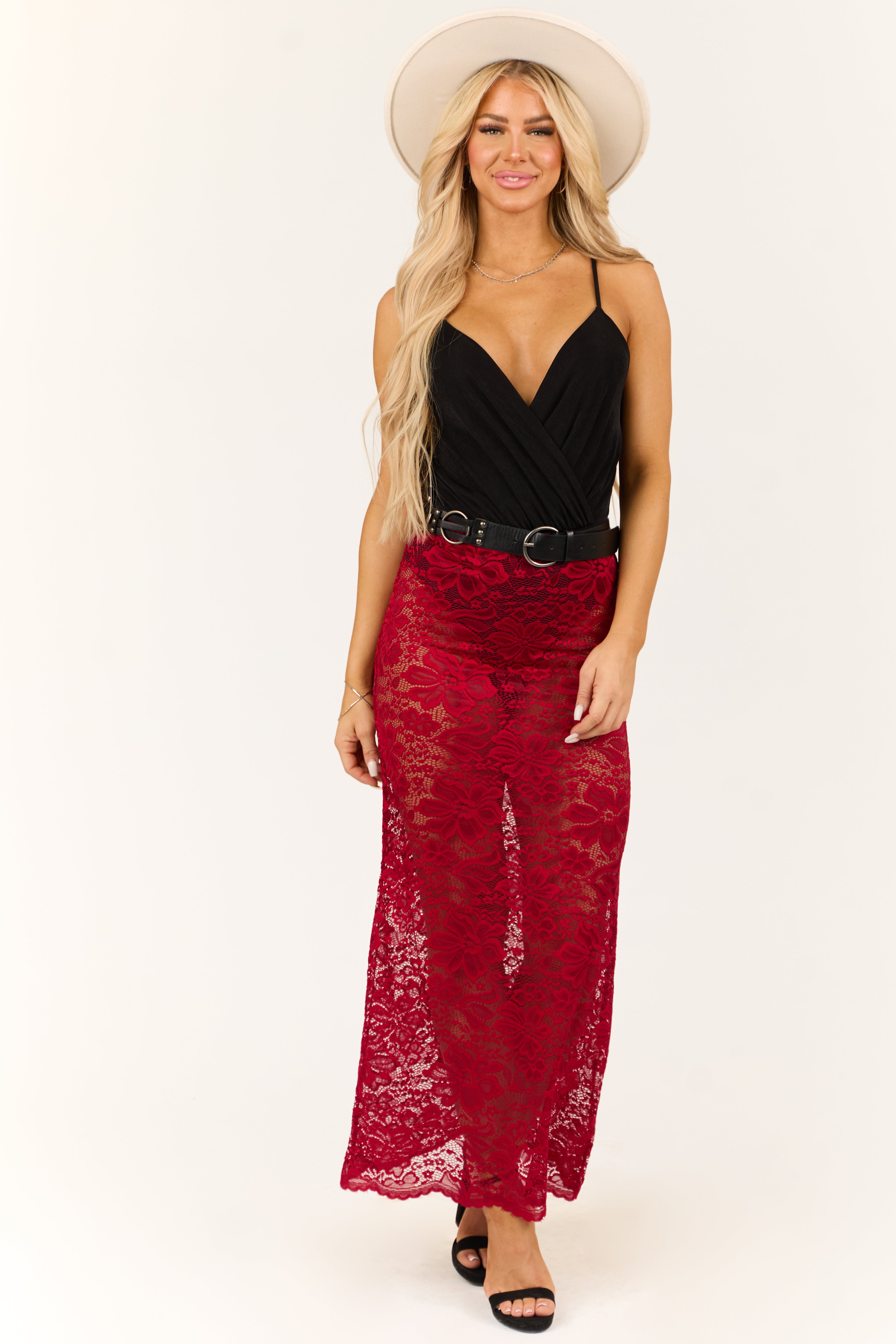 Cherry Sheer Floral Lace Slight Flare Maxi Skirt-Newayad