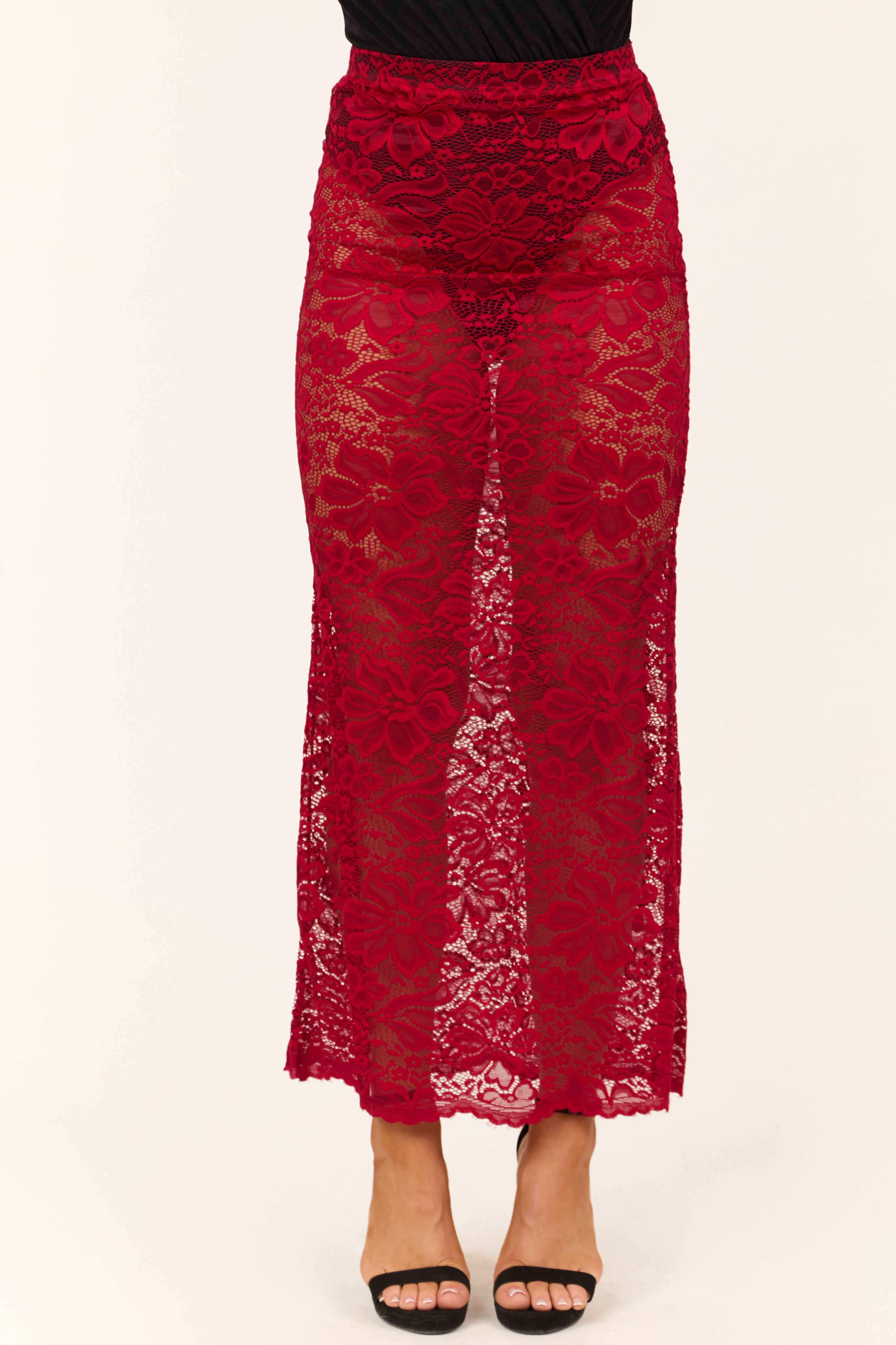 Cherry Sheer Floral Lace Slight Flare Maxi Skirt-Newayad