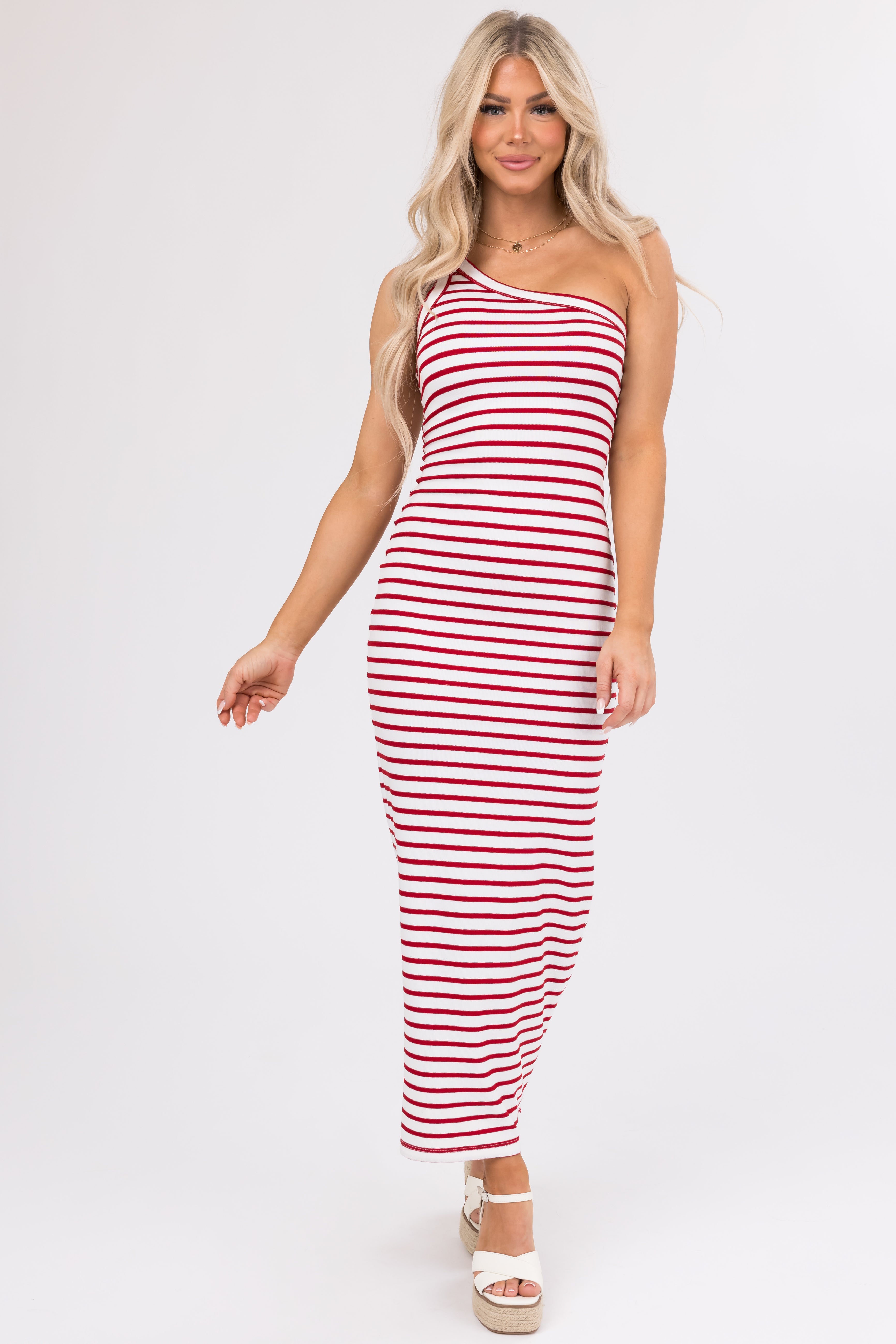 Cherry and White Striped One Shoulder Dress-Newayad