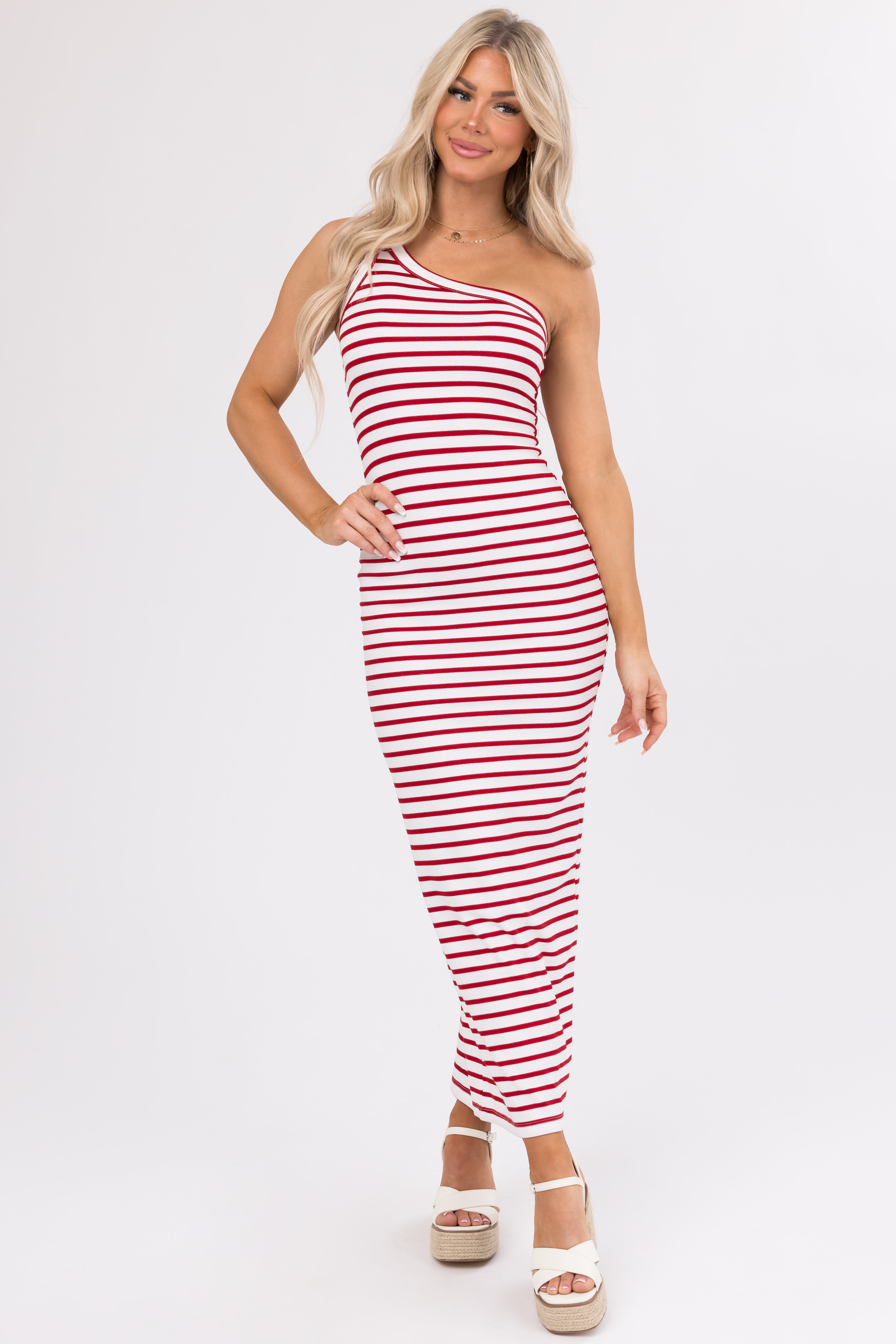 Cherry and White Striped One Shoulder Dress-Newayad