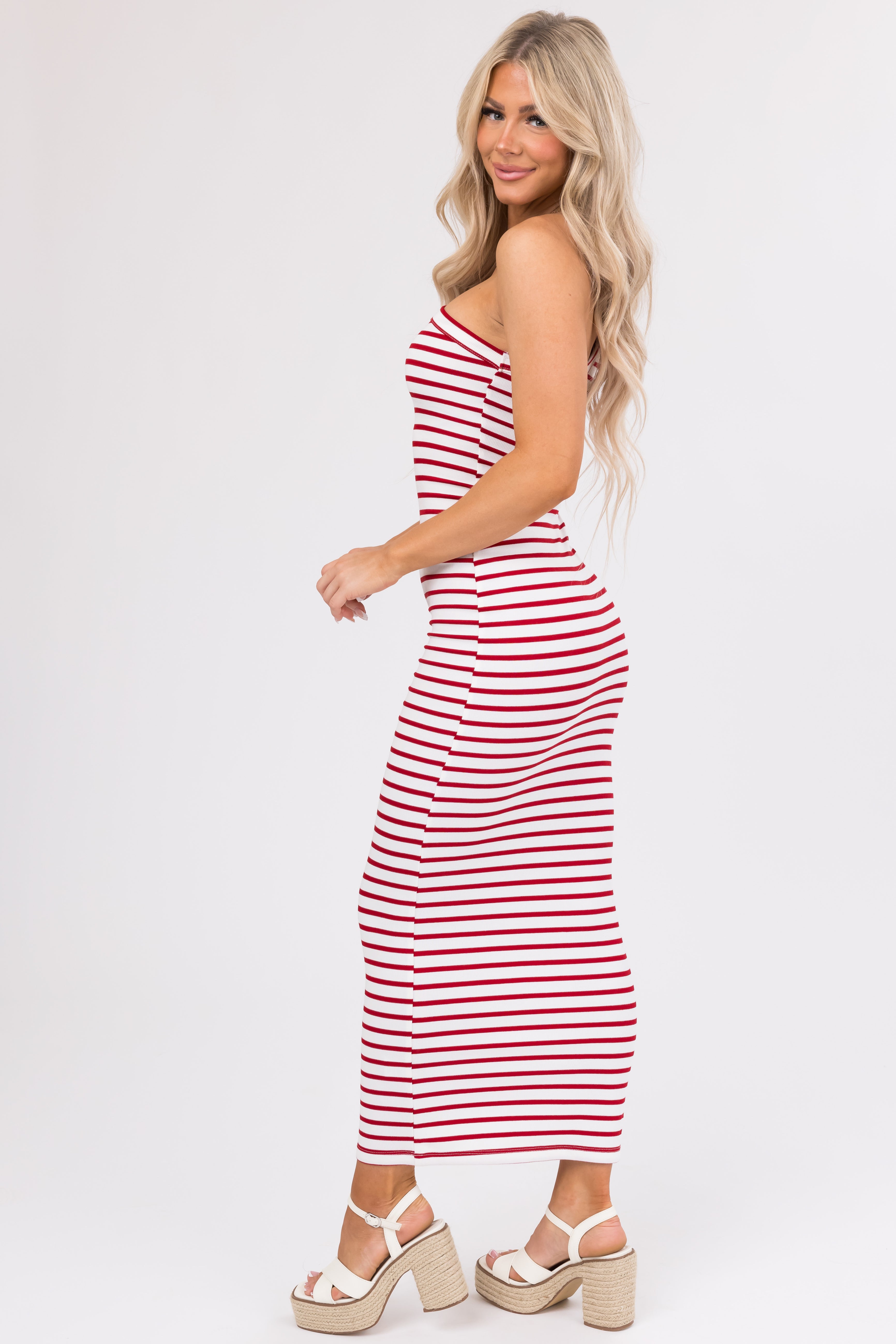 Cherry and White Striped One Shoulder Dress-Newayad