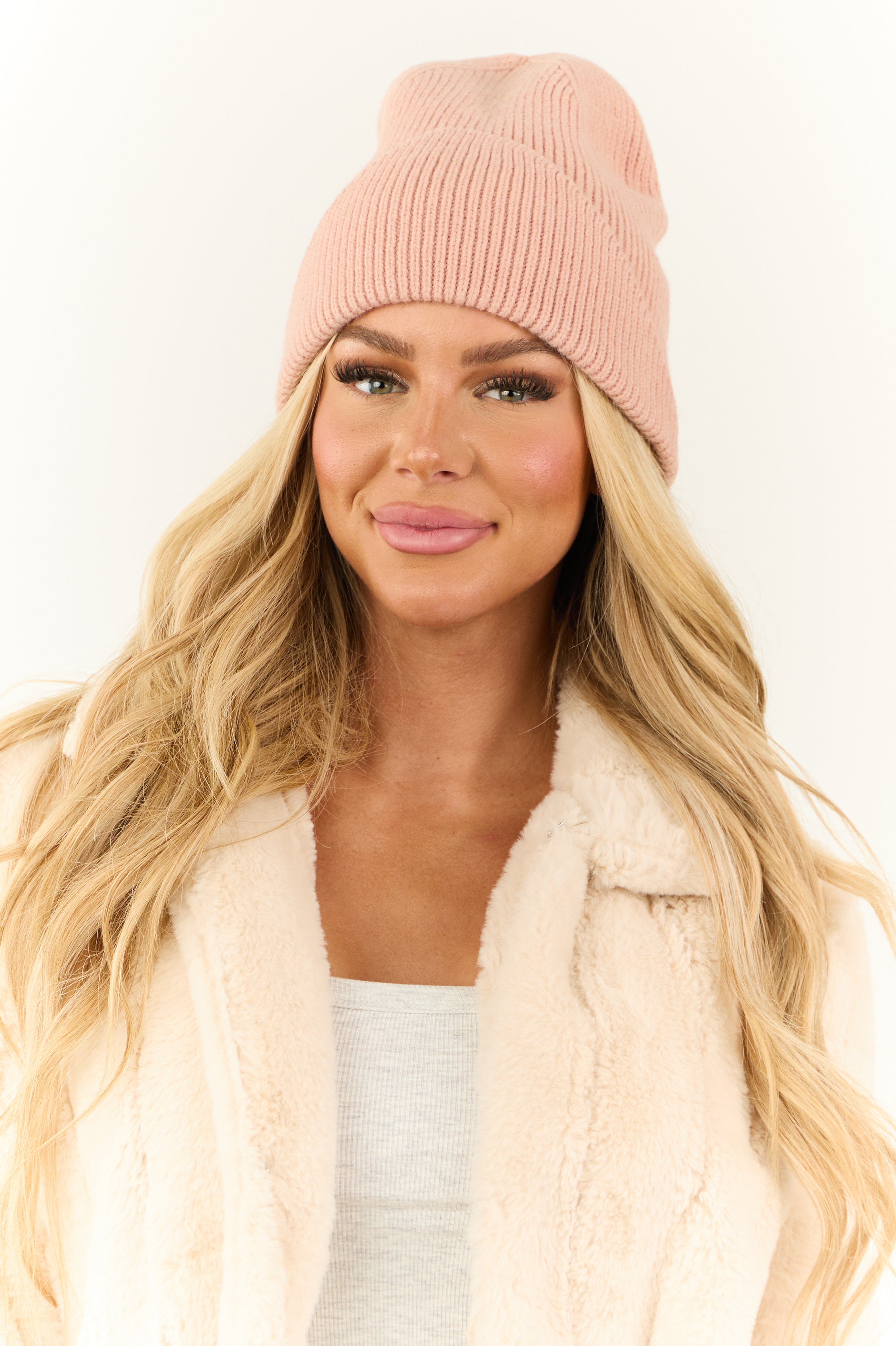 Cherry Blossom Front Fold Ribbed Knit Beanie-Newayad