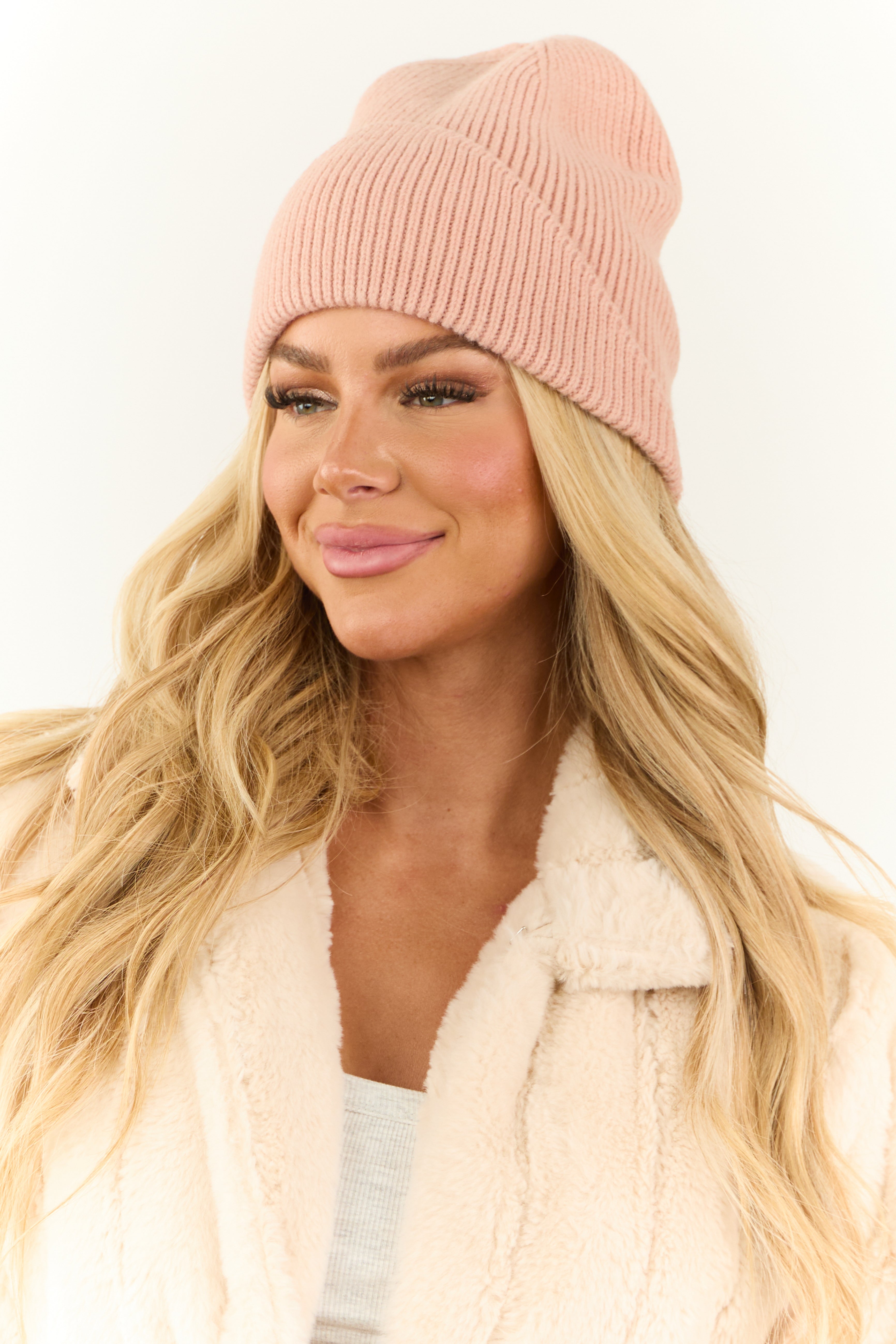 Cherry Blossom Front Fold Ribbed Knit Beanie-Newayad