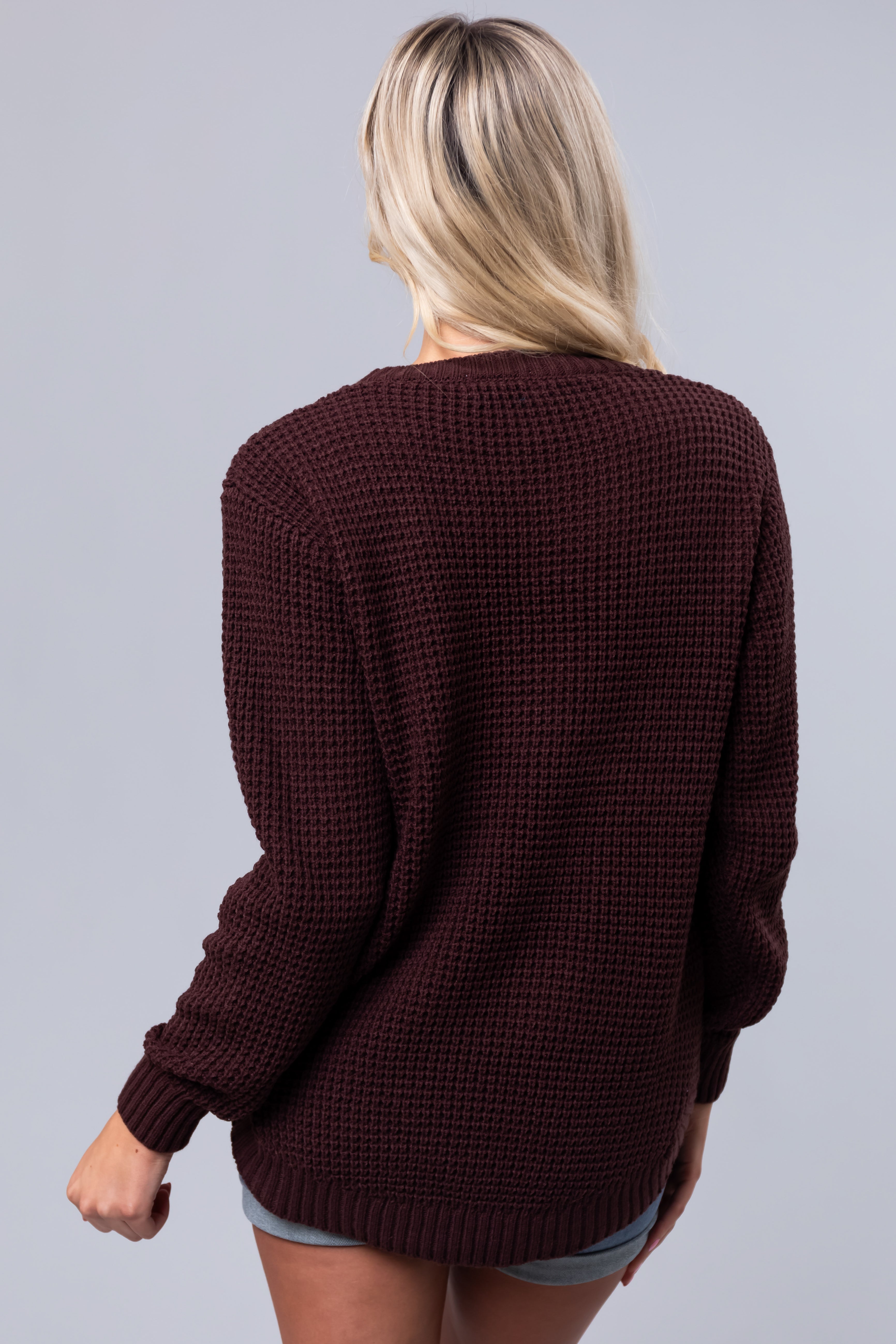 Chocolate Thick Waffle Knit Curved Hem Sweater-Newayad