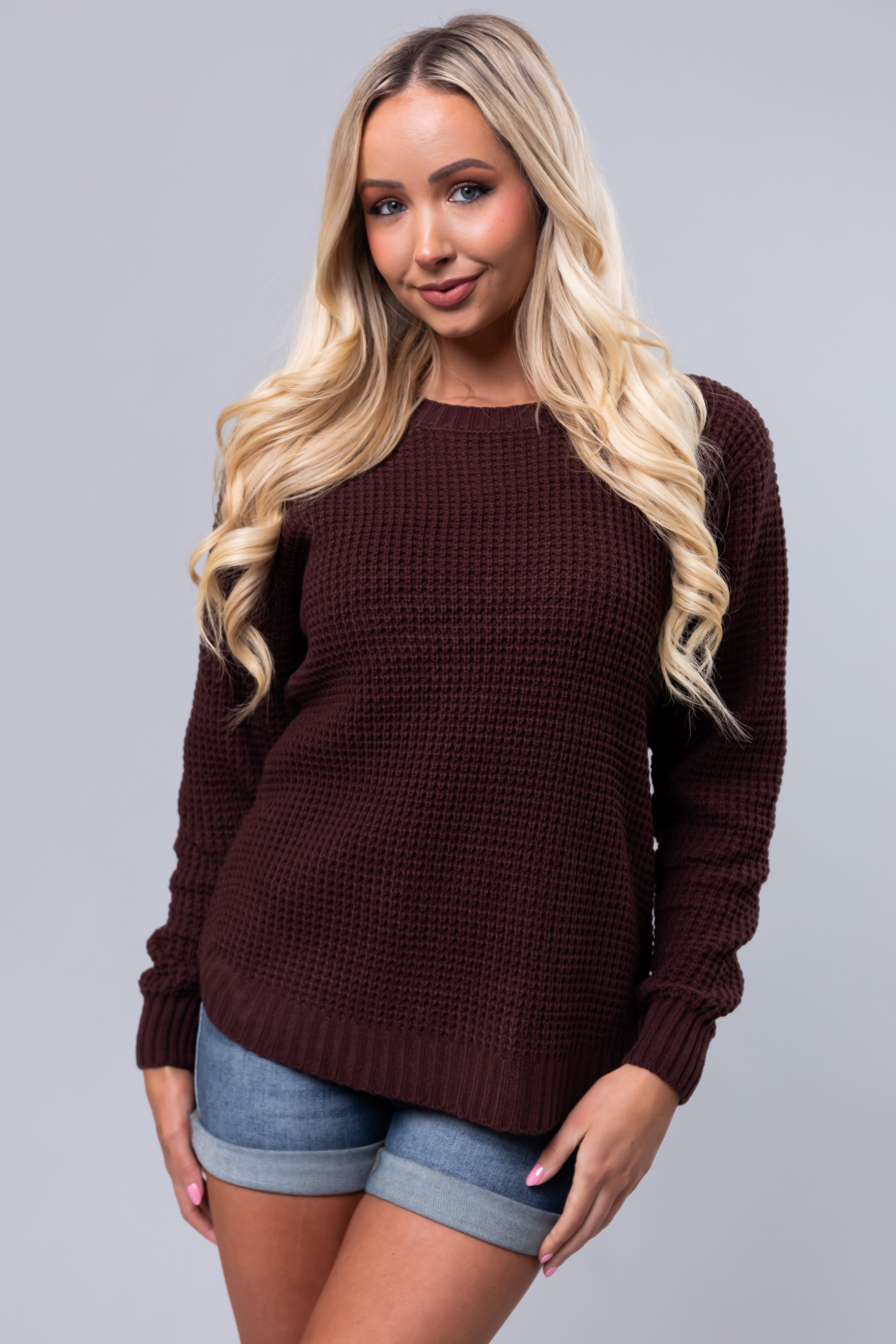 Chocolate Thick Waffle Knit Curved Hem Sweater-Newayad