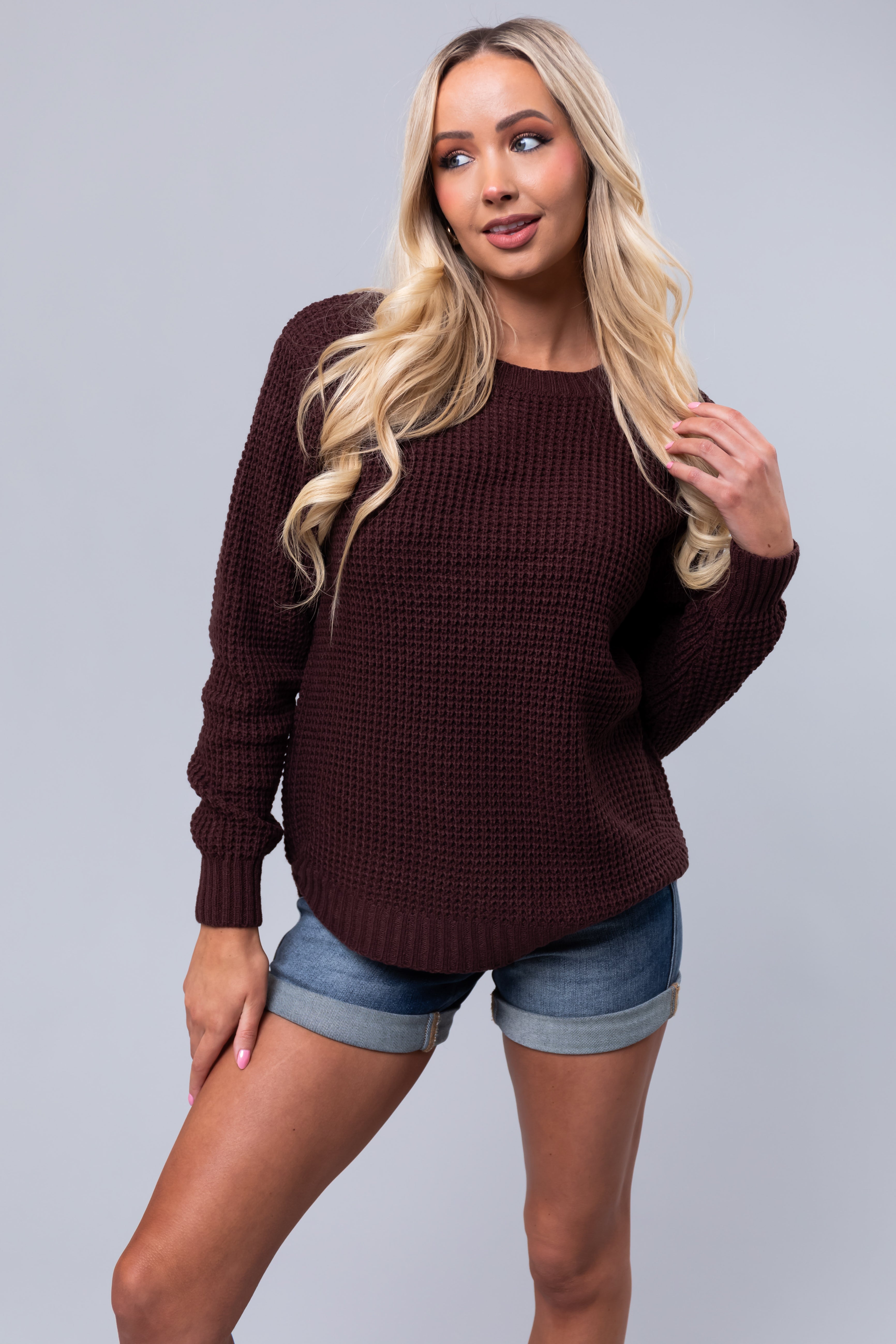 Chocolate Thick Waffle Knit Curved Hem Sweater-Newayad