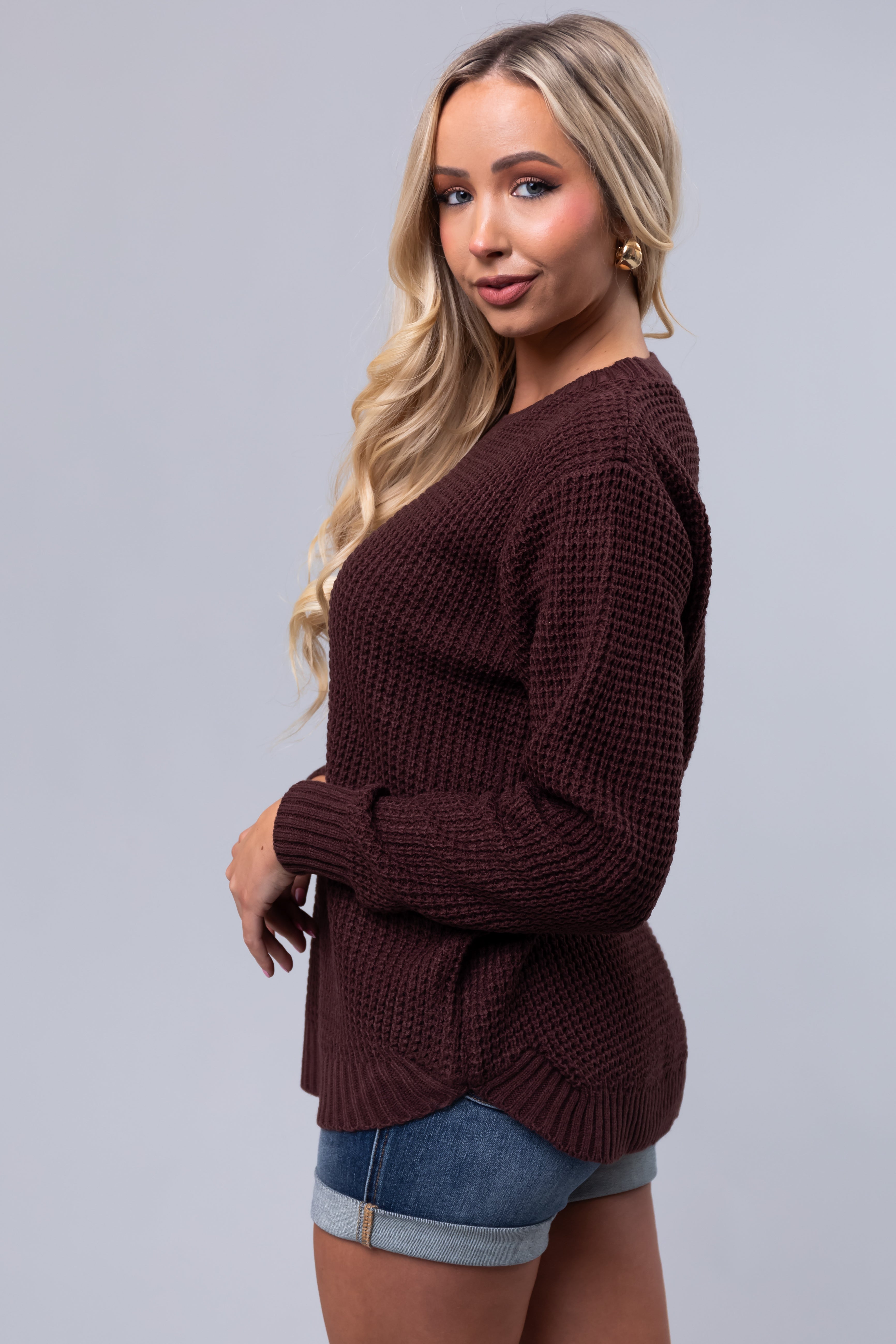 Chocolate Thick Waffle Knit Curved Hem Sweater-Newayad