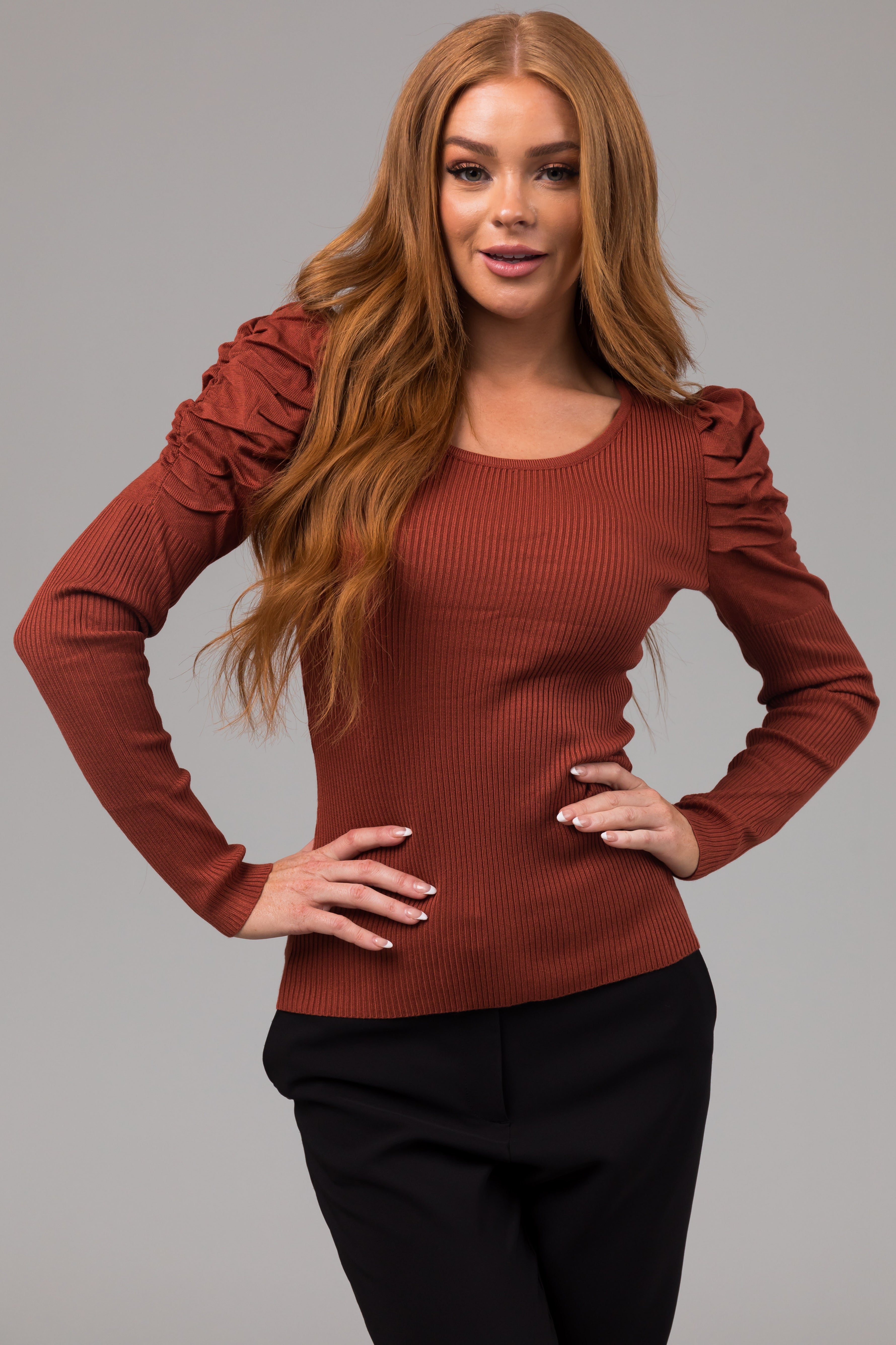 Cinnamon Ruched Puff Shoulder Ribbed Knit Top-Newayad