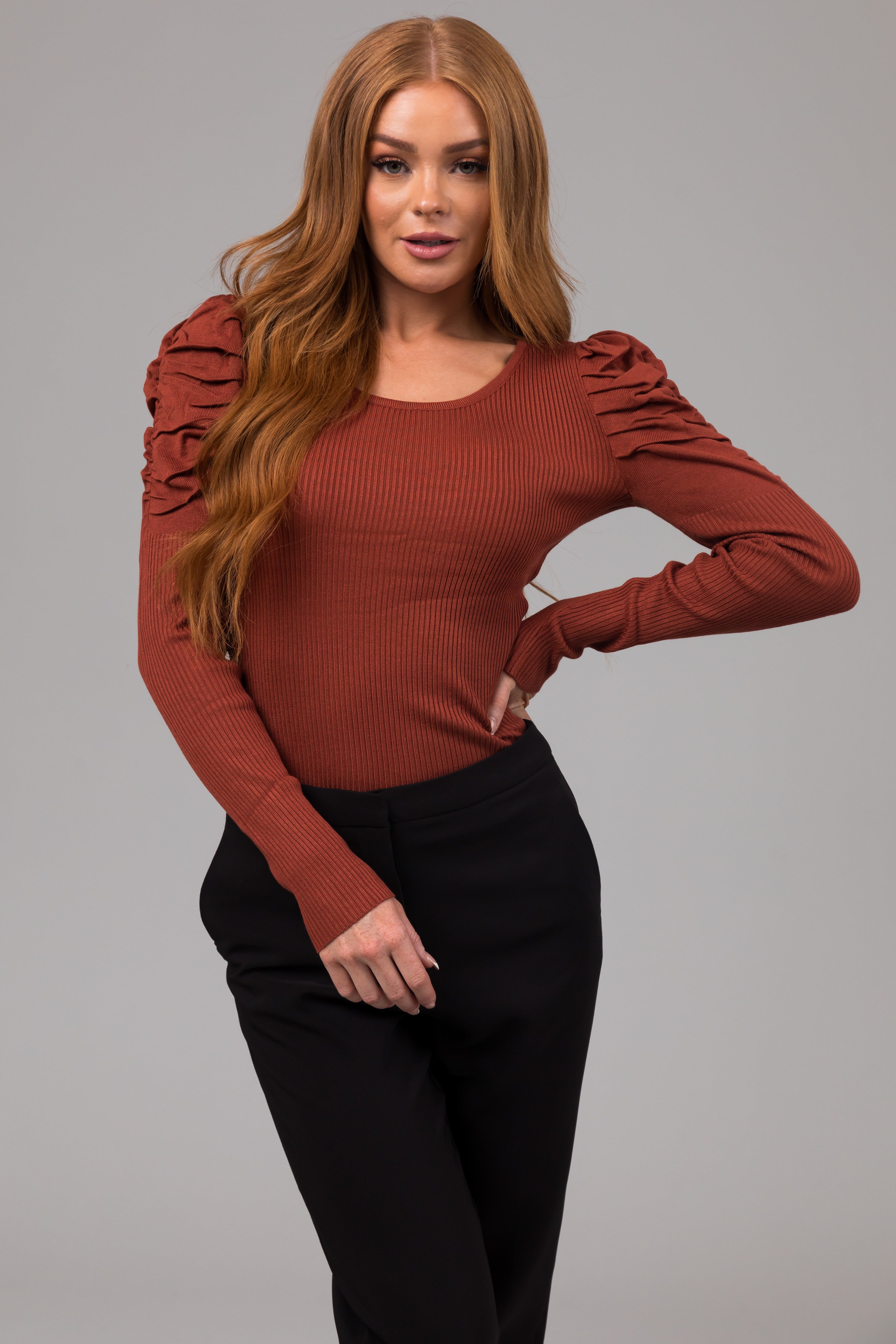 Cinnamon Ruched Puff Shoulder Ribbed Knit Top-Newayad