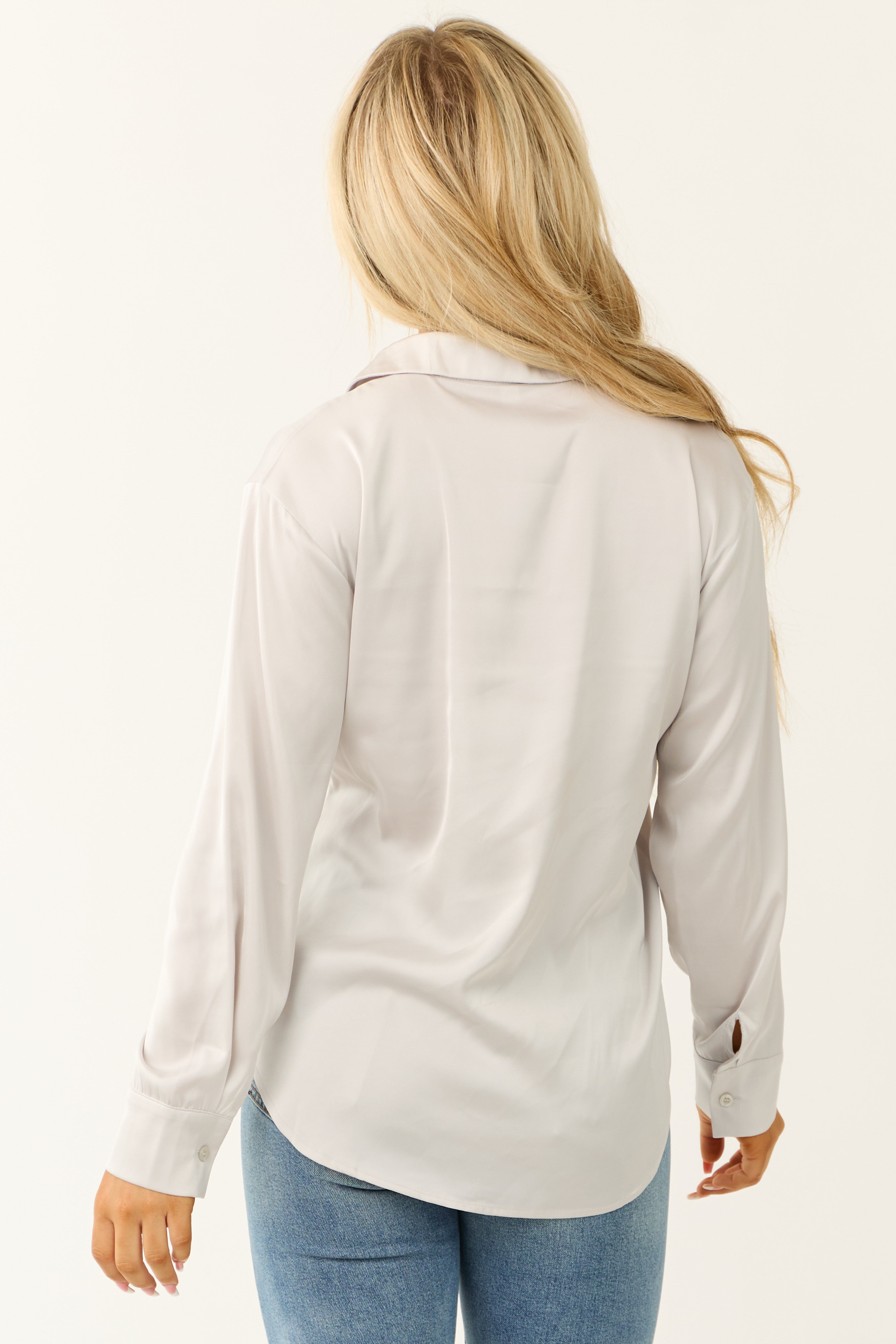Cloud Grey Satin Button Front Collared Shirt-Newayad