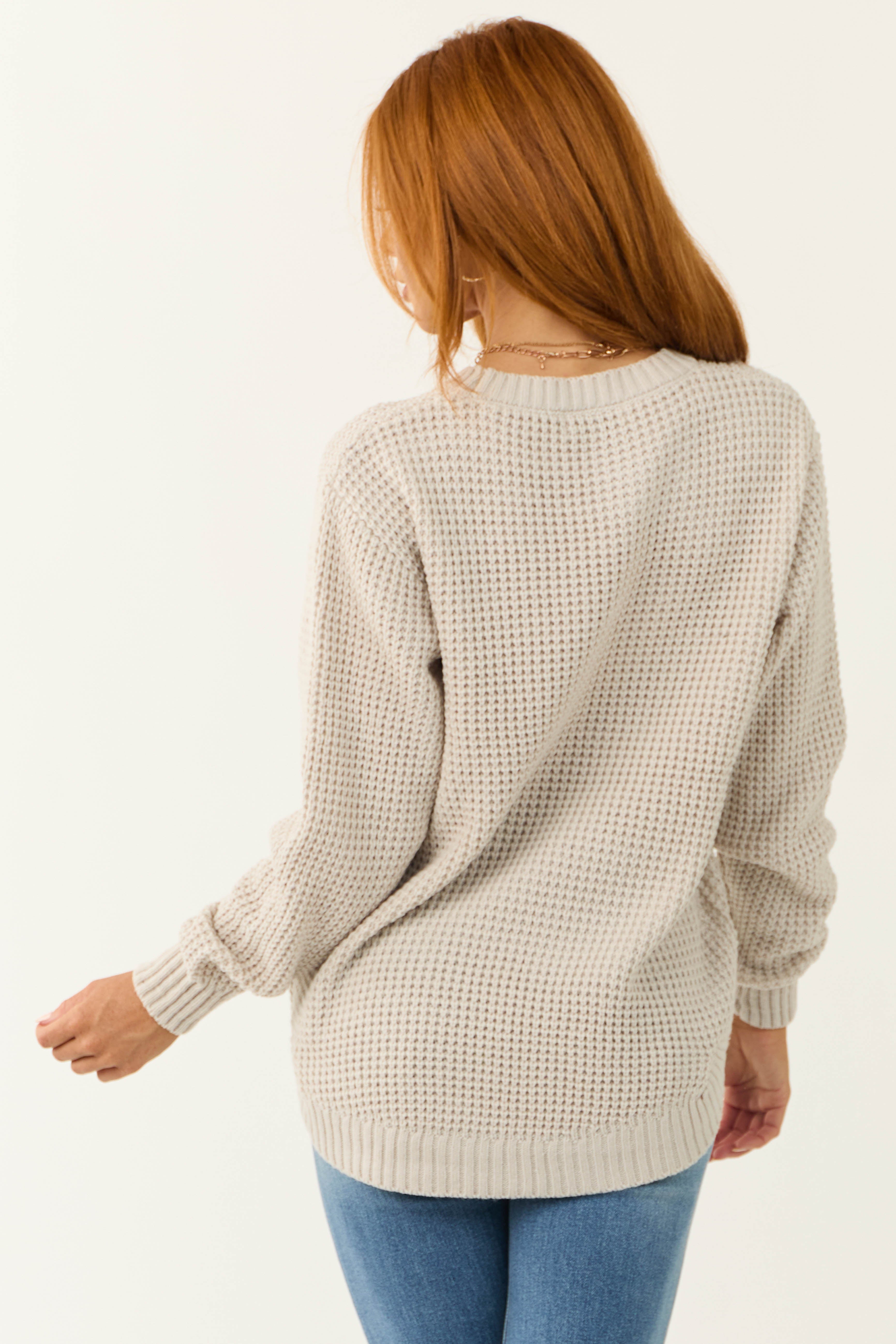 Cloud Grey Thick Waffle Knit Curved Hem Sweater-Newayad