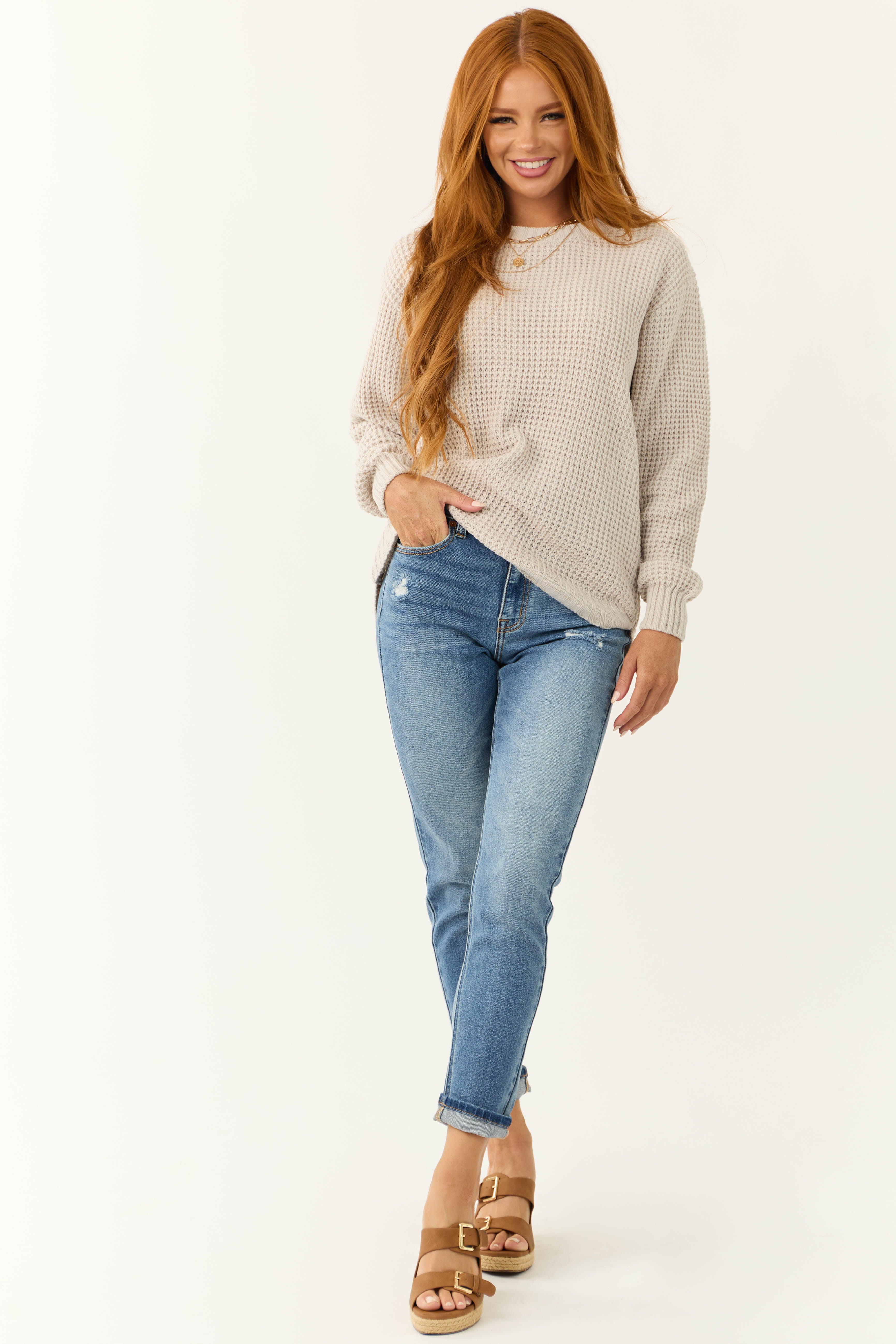 Cloud Grey Thick Waffle Knit Curved Hem Sweater-Newayad