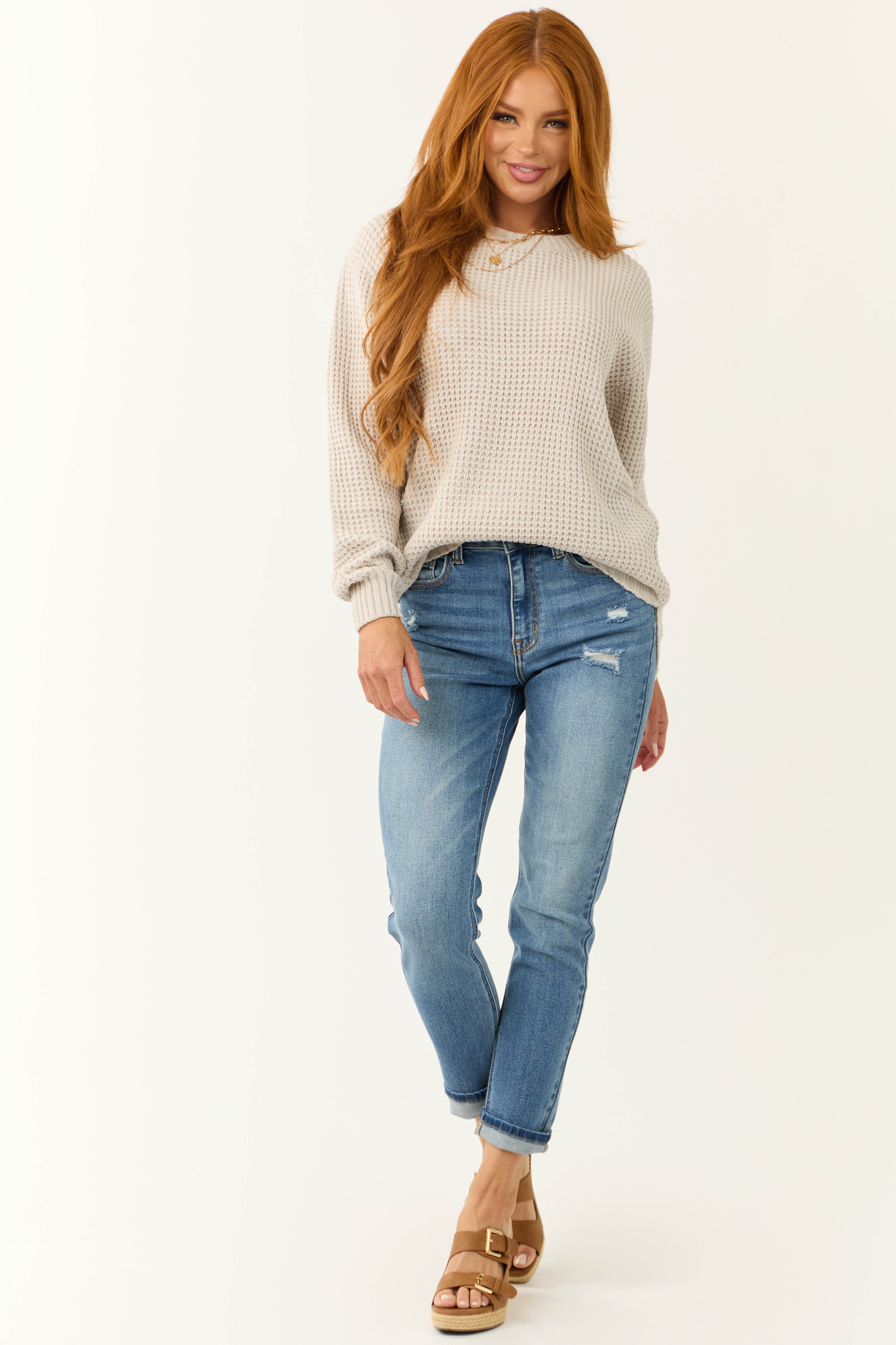 Cloud Grey Thick Waffle Knit Curved Hem Sweater-Newayad