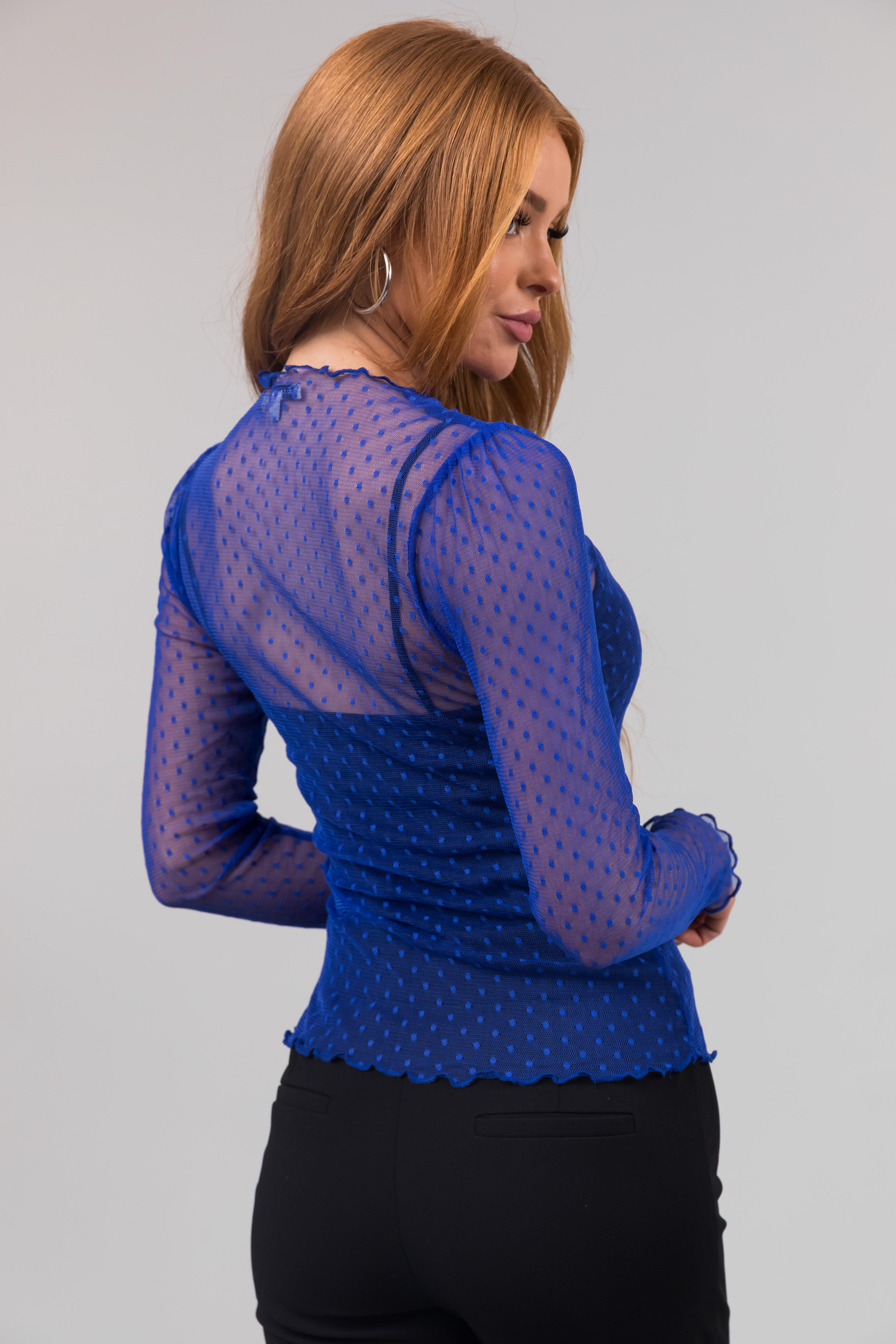 Cobalt Blue Swiss Dot Long Sleeve Mesh Knit Top-Newayad