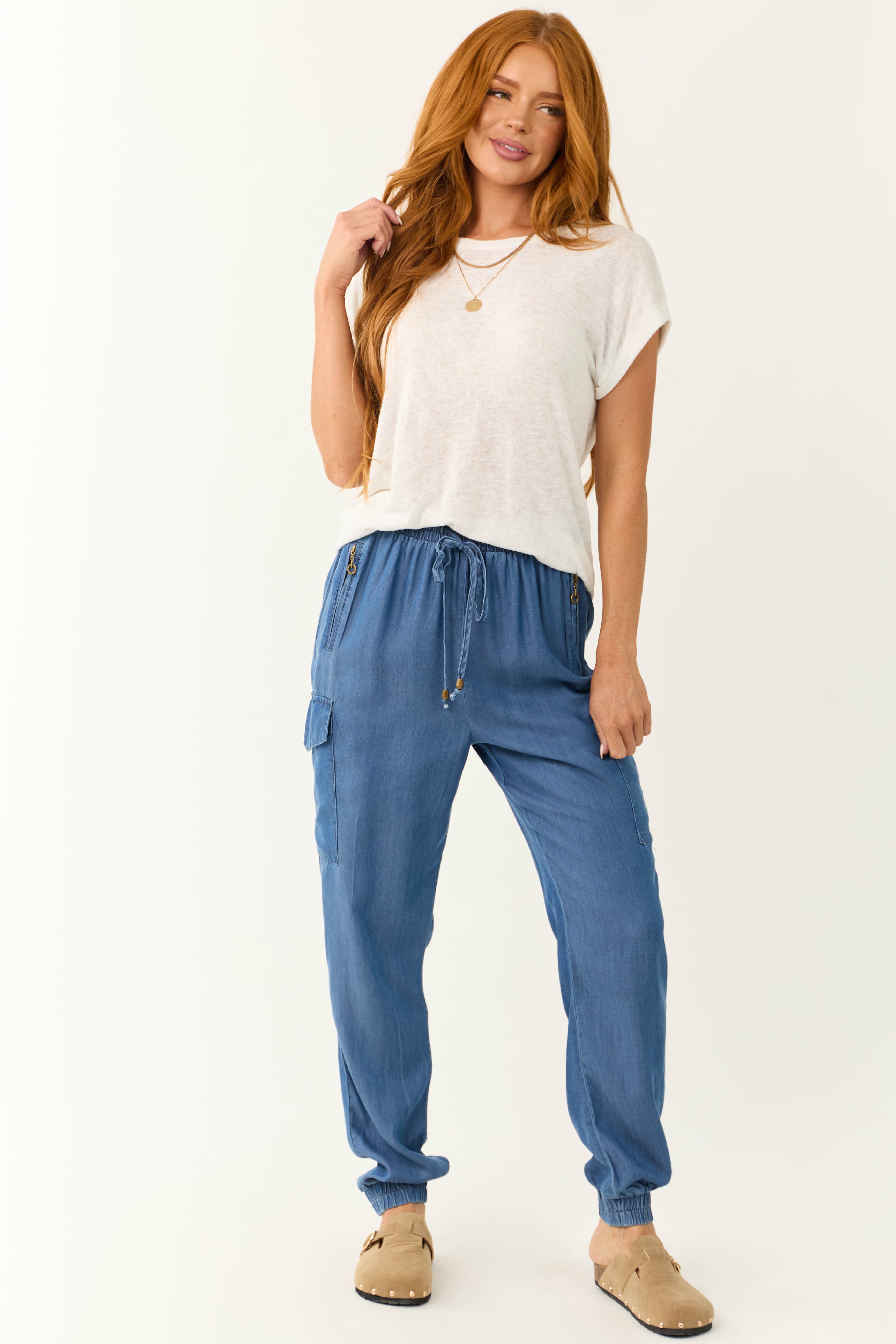 Cobalt Smocked Drawstring Waistband Joggers-Newayad