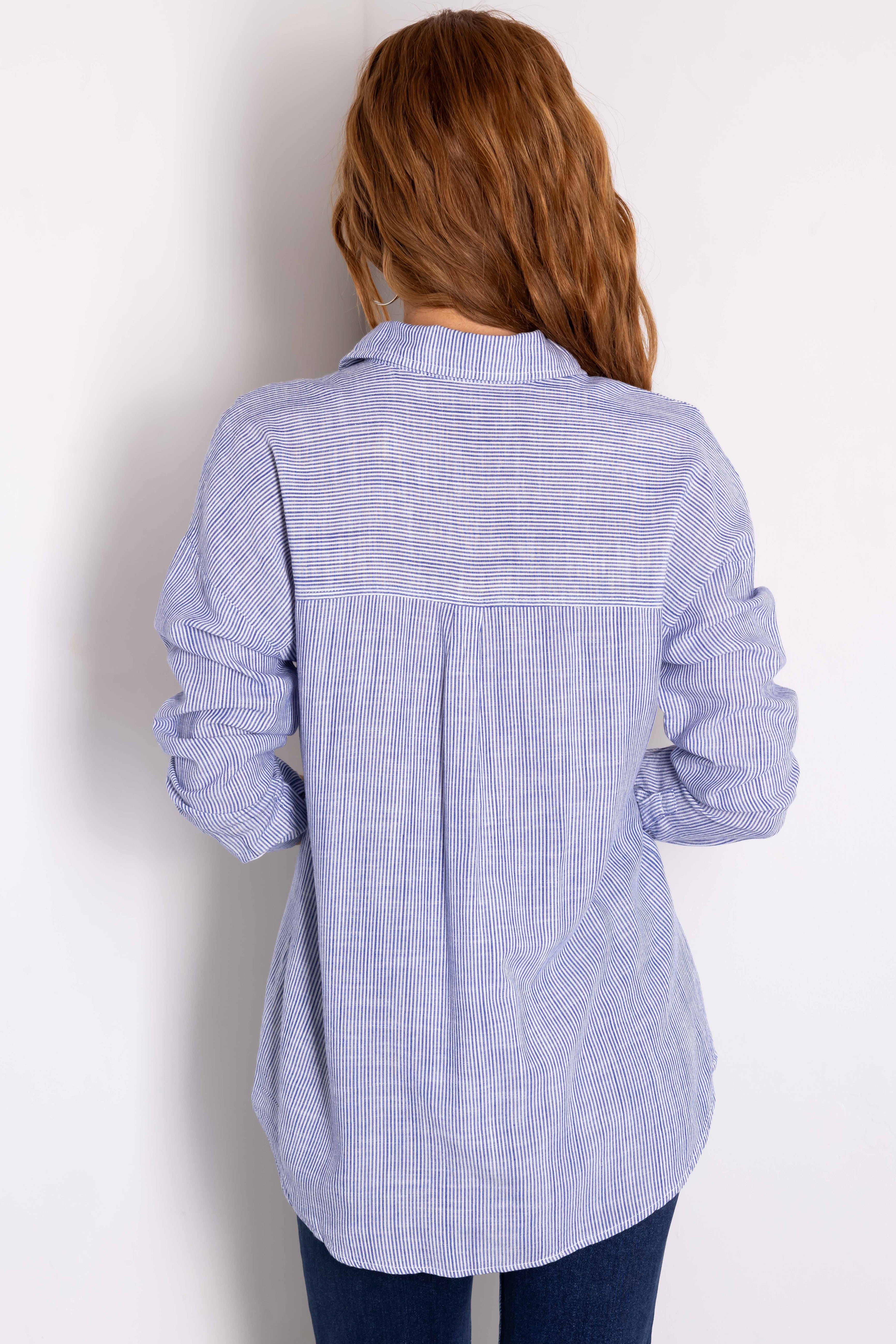 Cobalt Striped Button Down Long Sleeve Top-Newayad