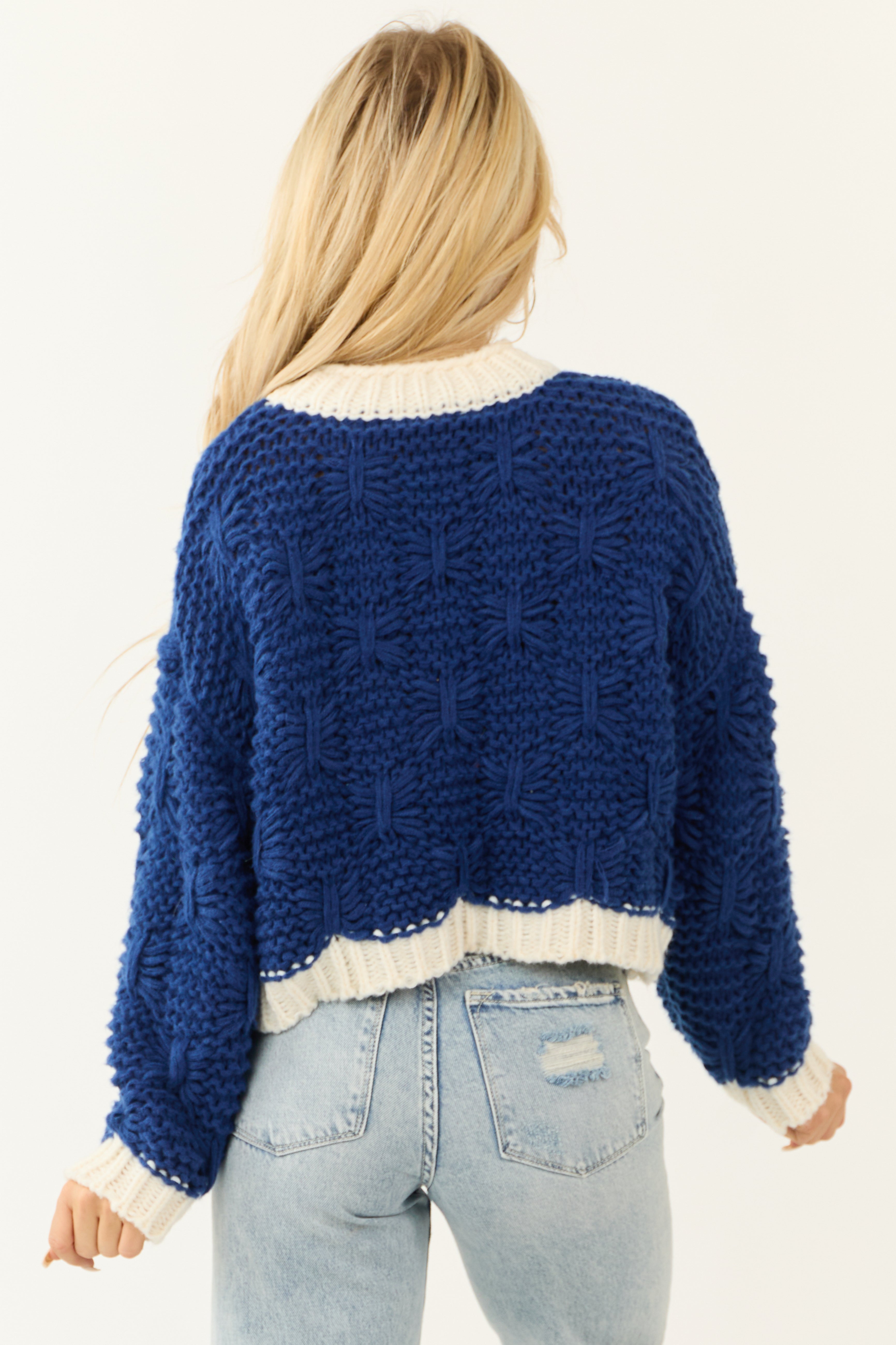 Cobalt and Cream Long Sleeve Knit Sweater-Newayad