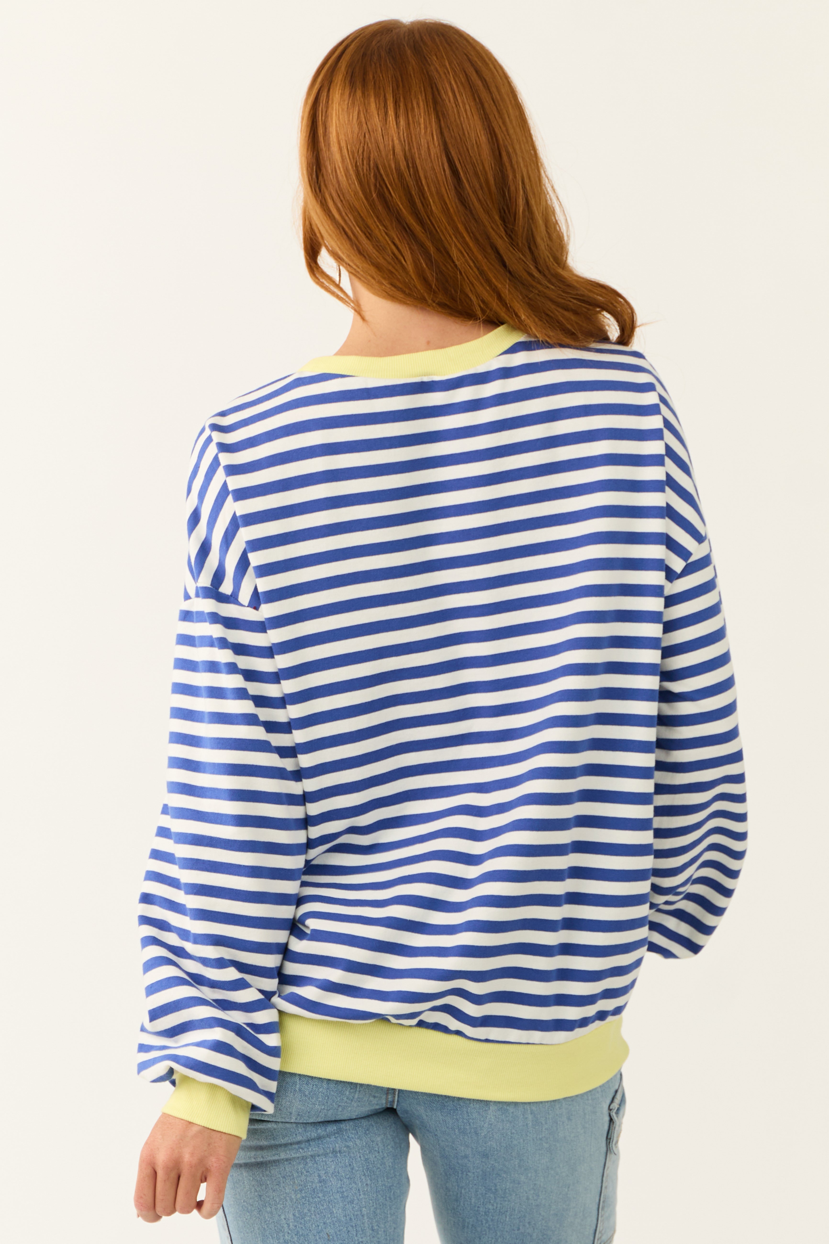 Cobalt and White Striped Contrast Trim Knit Top-Newayad
