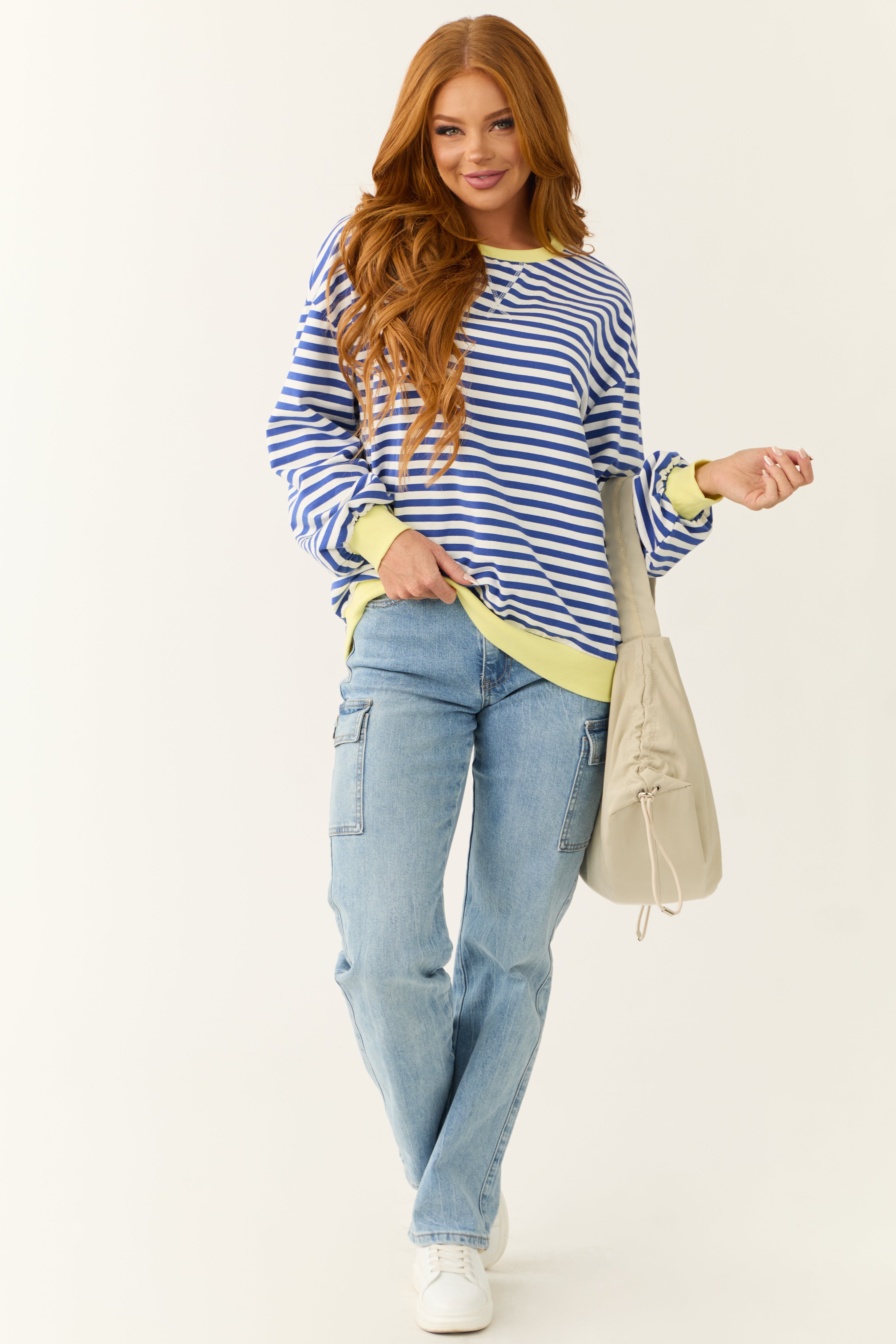 Cobalt and White Striped Contrast Trim Knit Top-Newayad