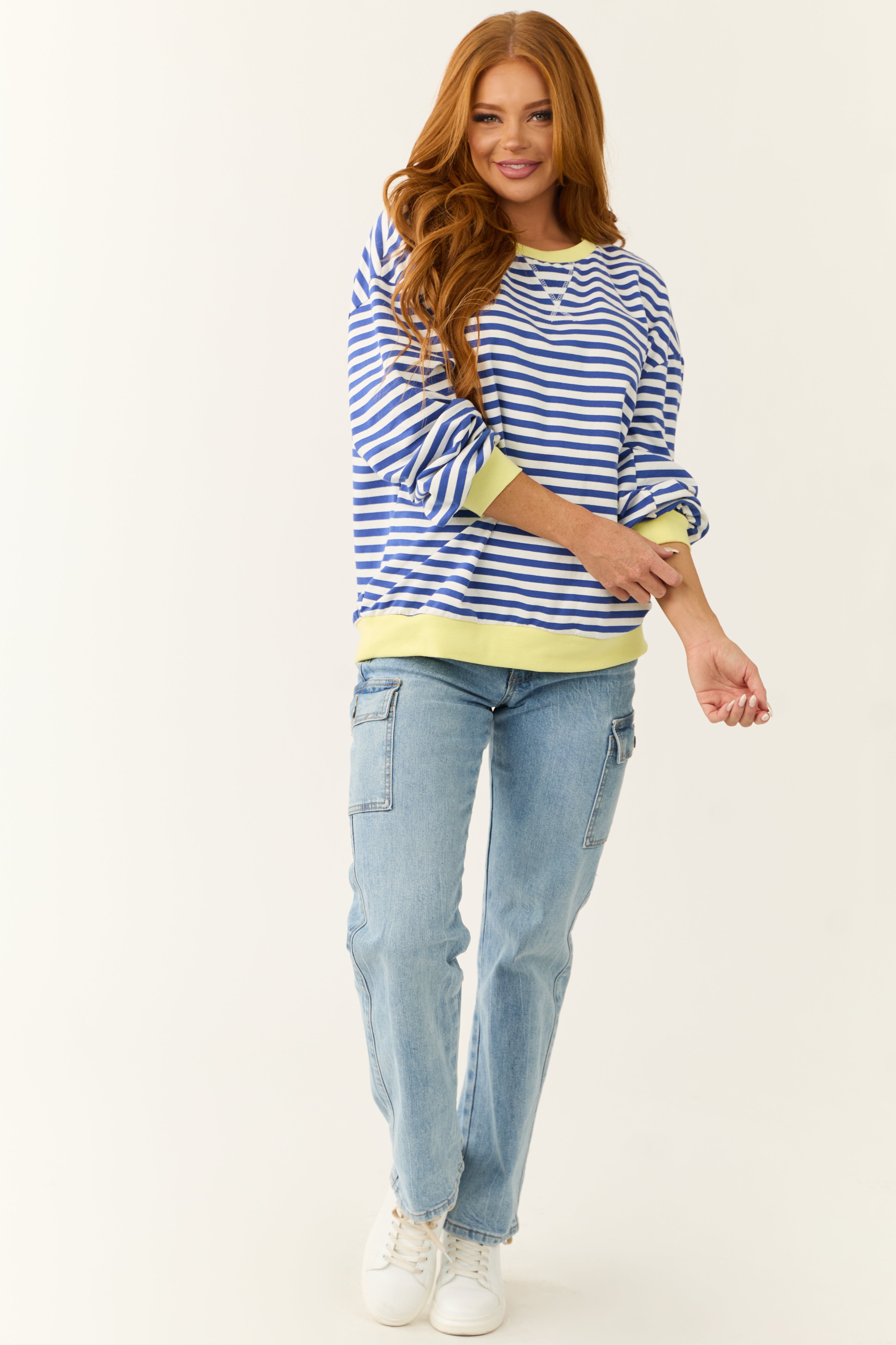 Cobalt and White Striped Contrast Trim Knit Top-Newayad
