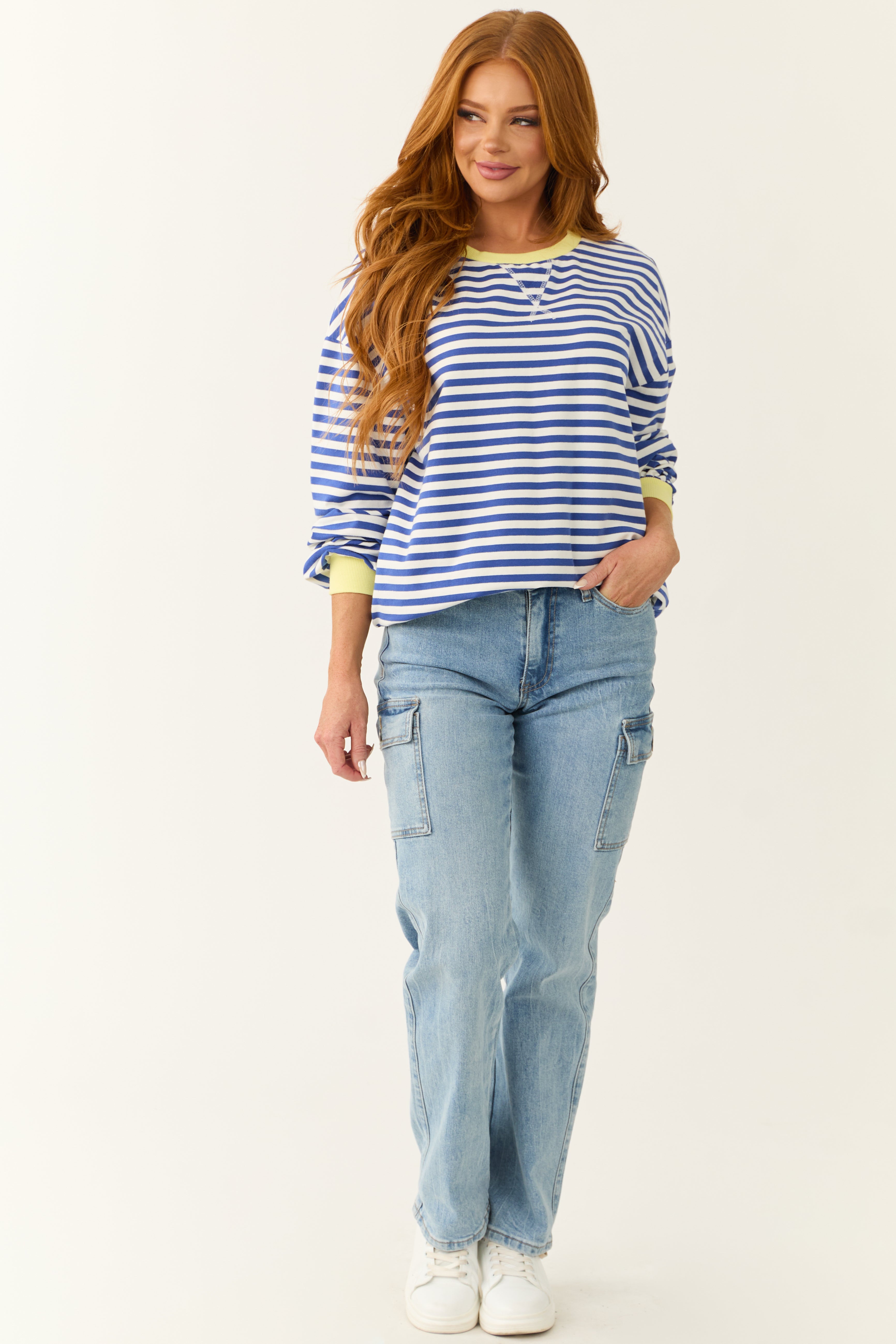 Cobalt and White Striped Contrast Trim Knit Top-Newayad