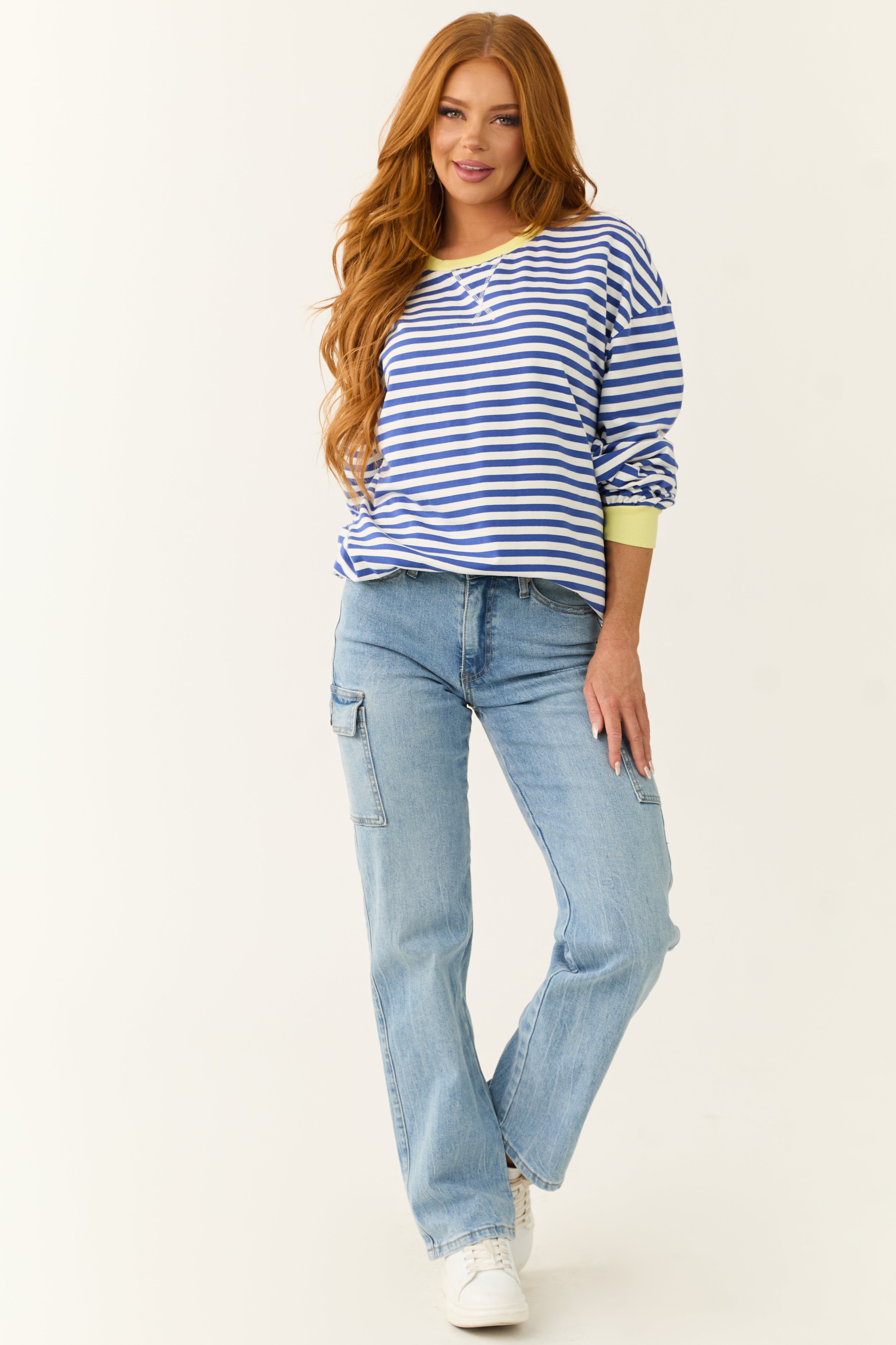 Cobalt and White Striped Contrast Trim Knit Top-Newayad