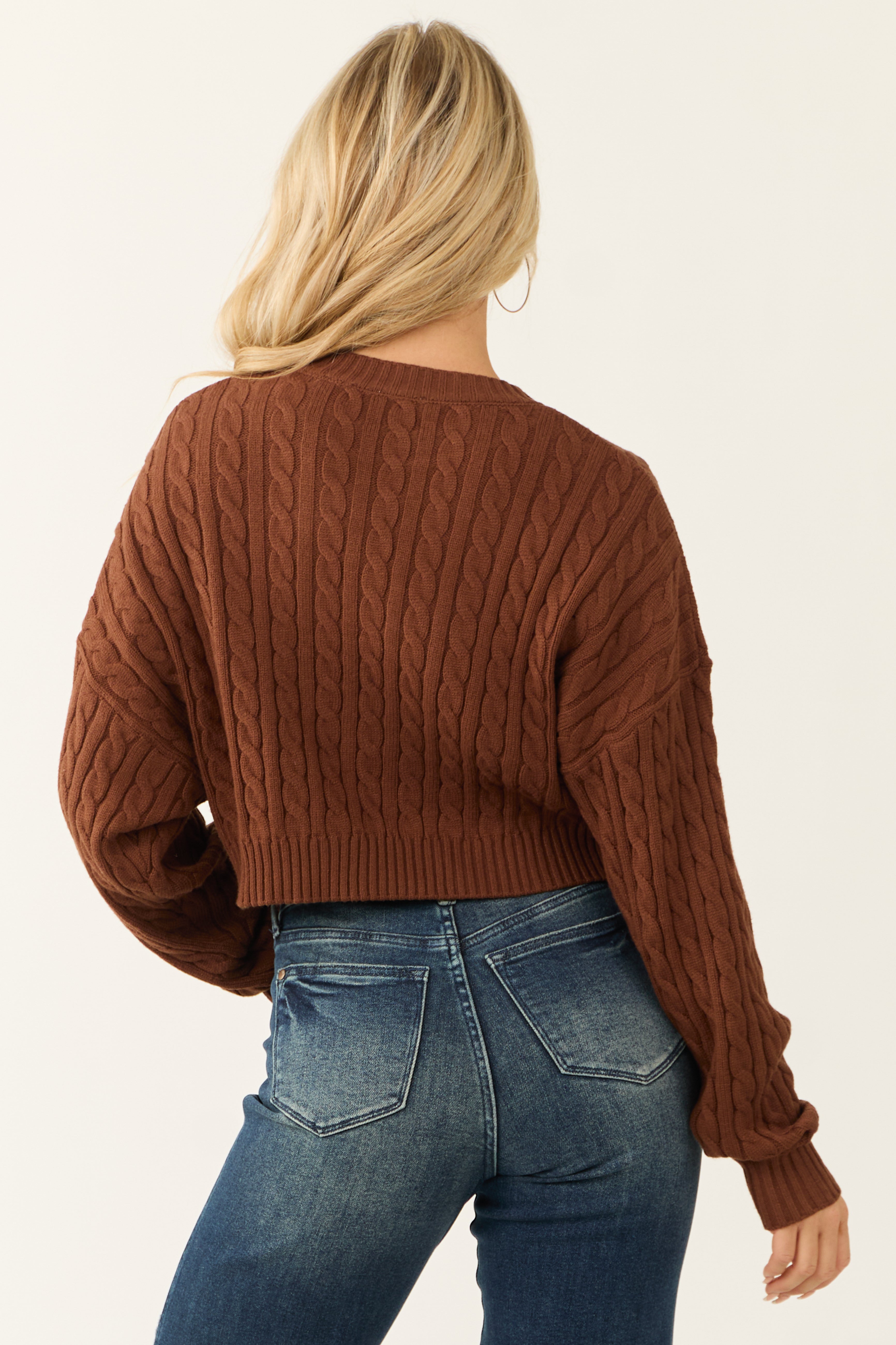 Cocoa Cropped Soft Cable Knit Sweater-Newayad
