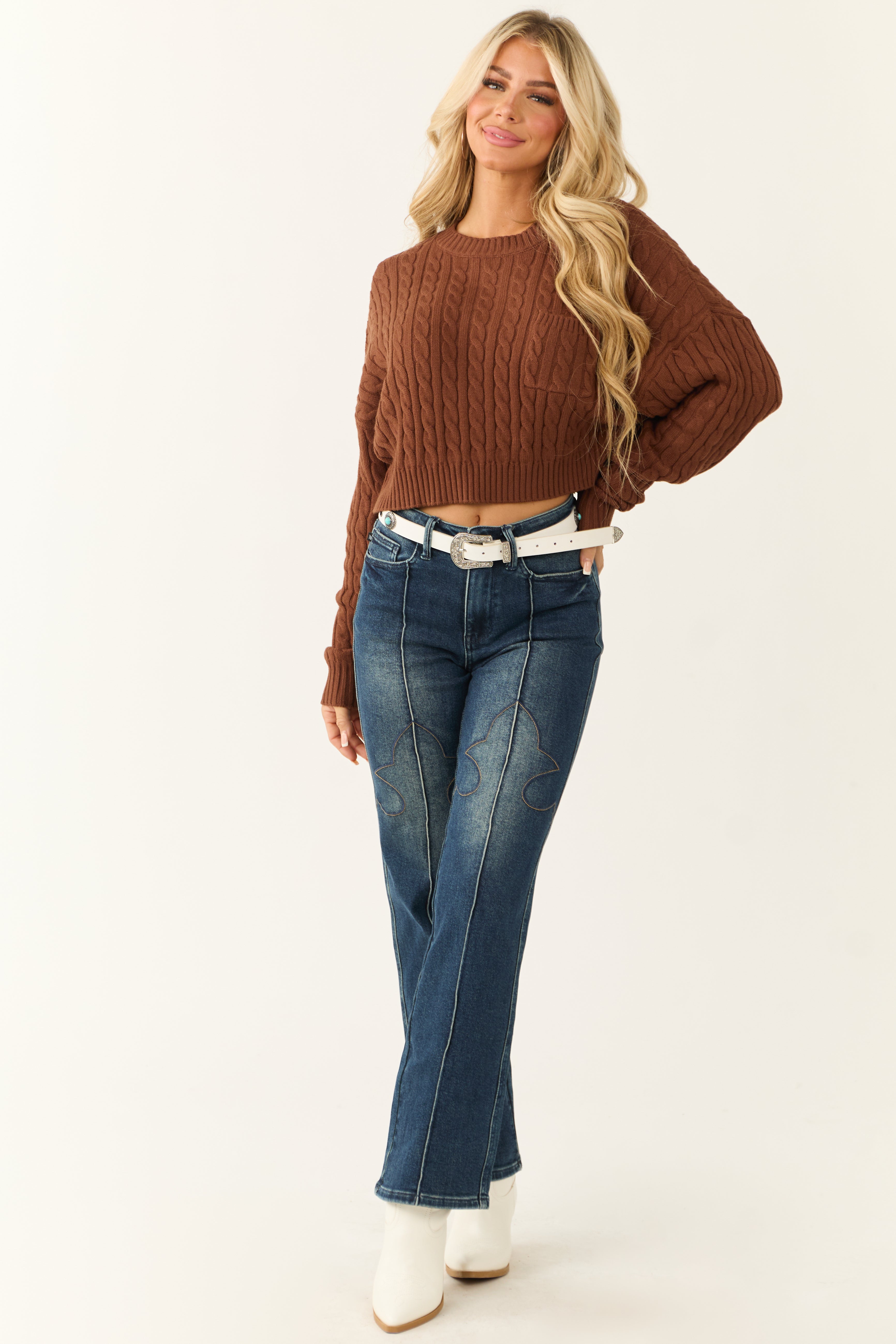Cocoa Cropped Soft Cable Knit Sweater-Newayad