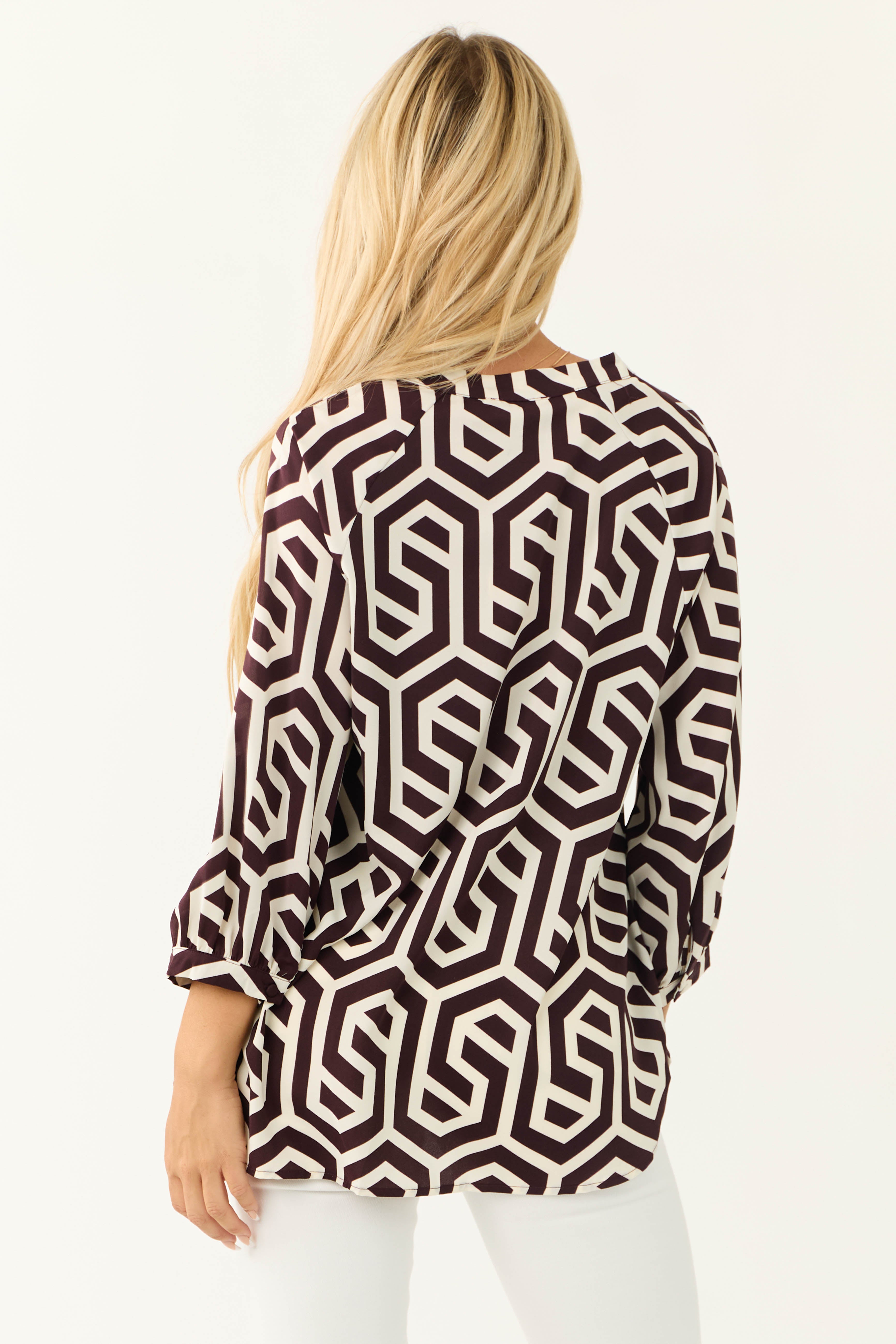 Cocoa Geometric Print Button Up Blouse-Newayad