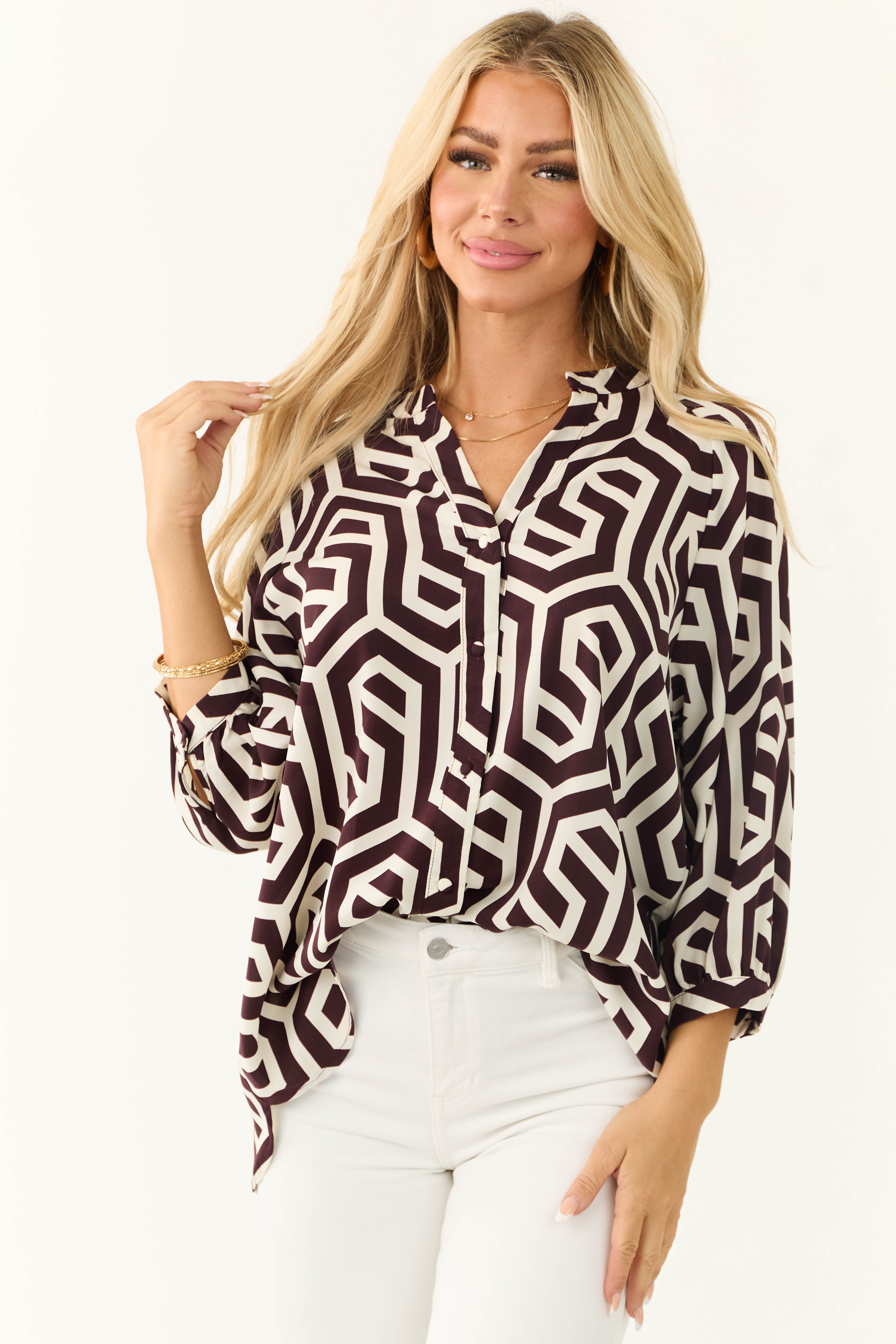 Cocoa Geometric Print Button Up Blouse-Newayad
