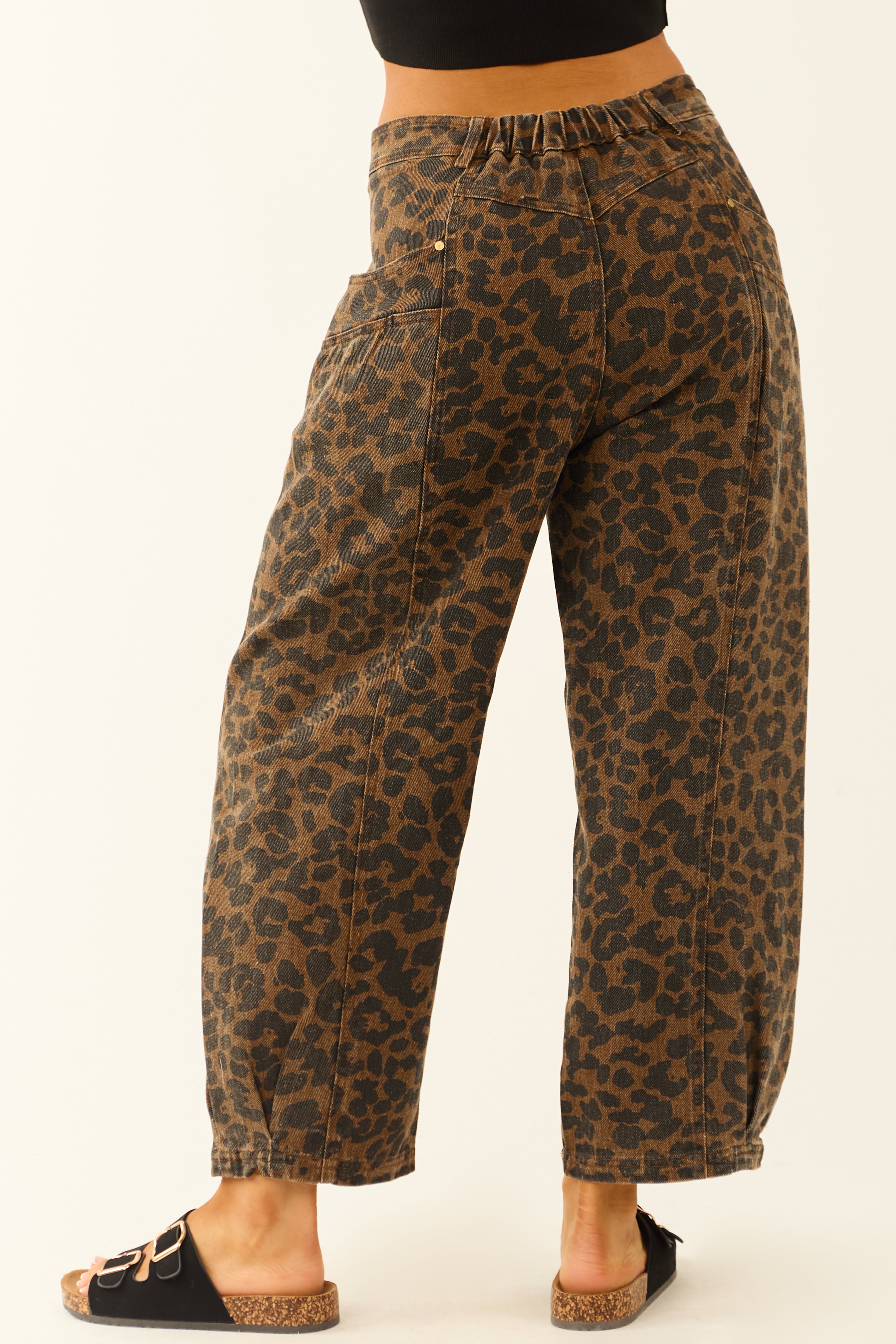 Cocoa Leopard Denim Mid Rise Barrel Jeans-Newayad