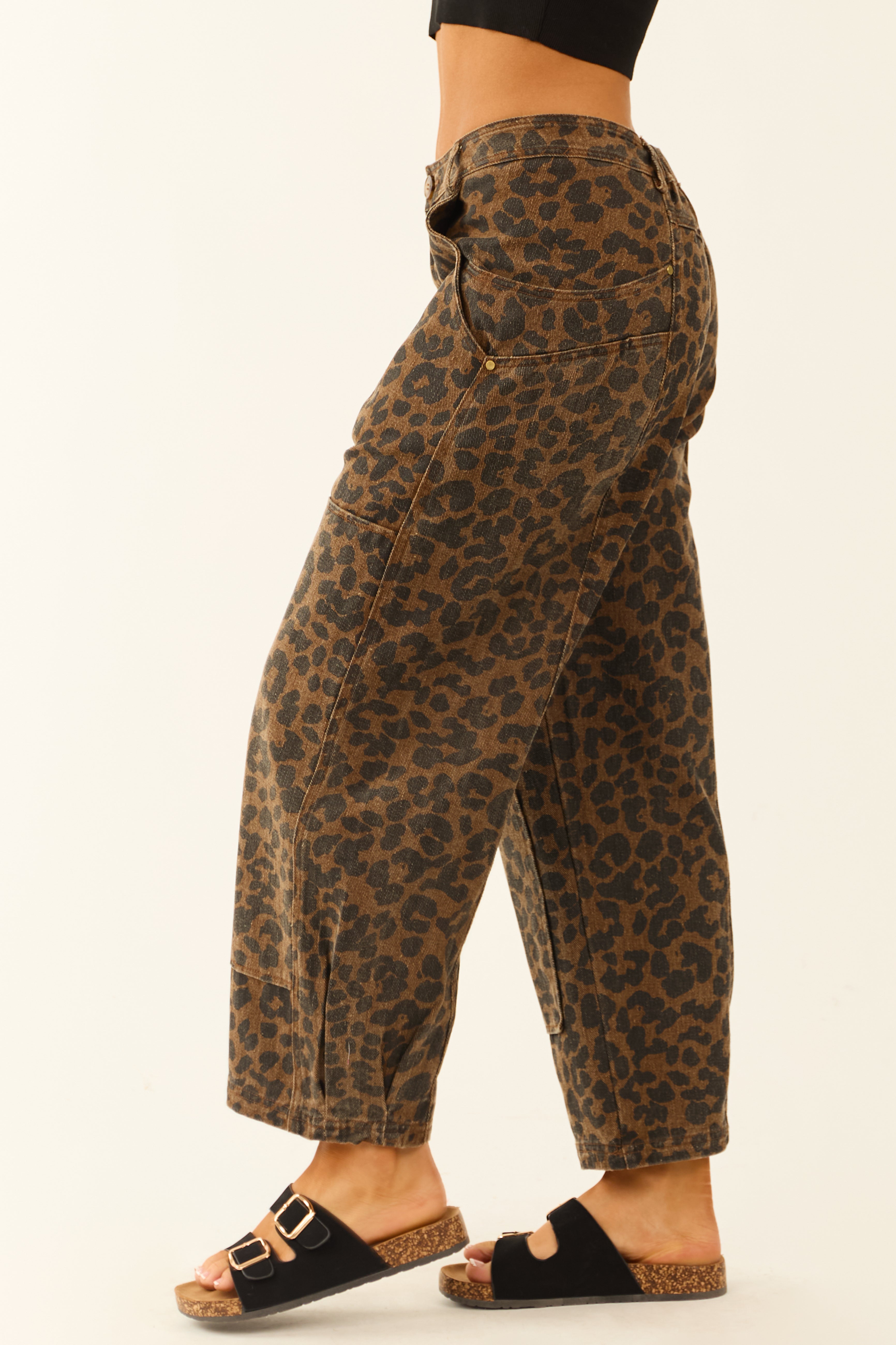 Cocoa Leopard Denim Mid Rise Barrel Jeans-Newayad