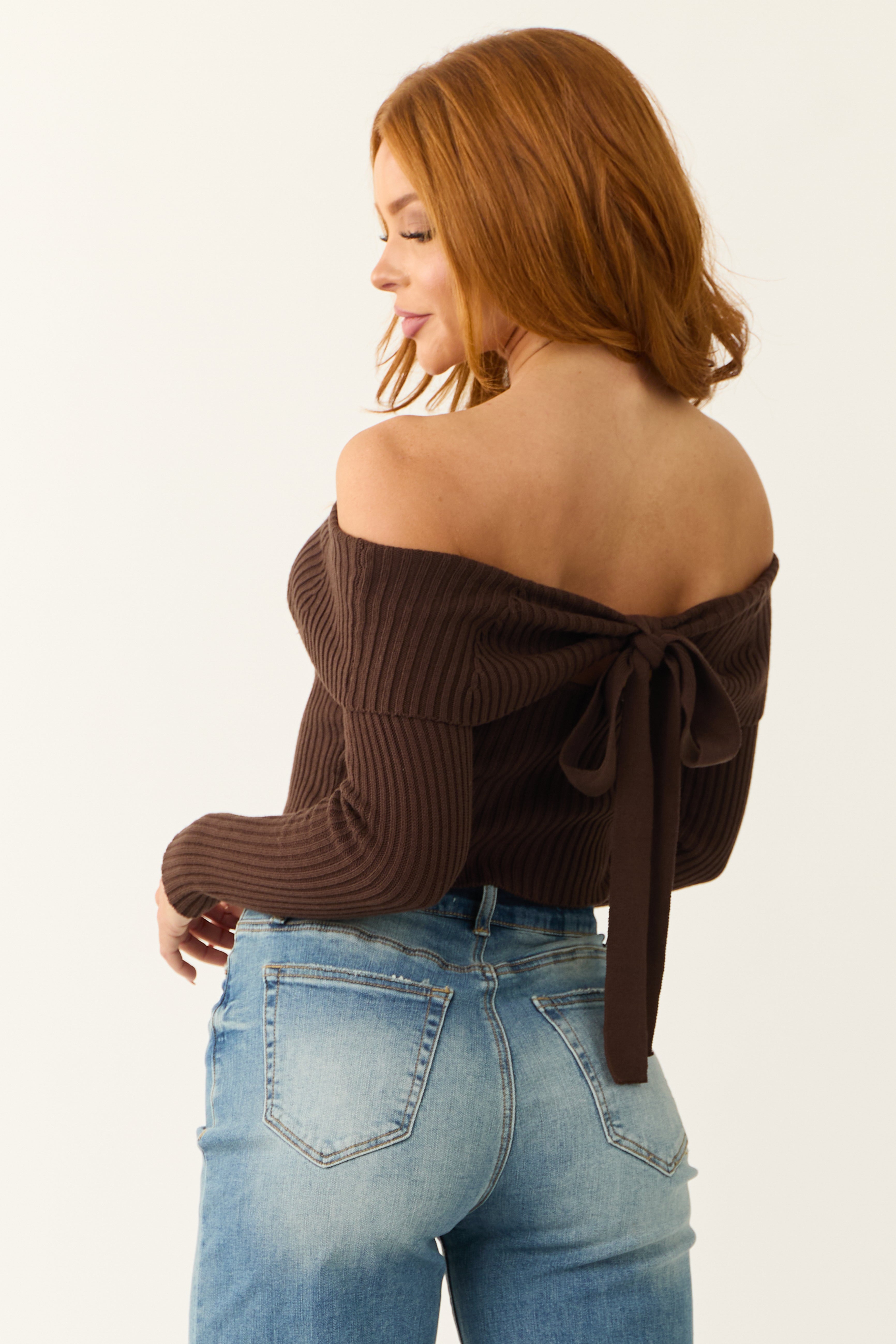 Cocoa Off Shoulder Ribbed Knit Sweater Top-Newayad