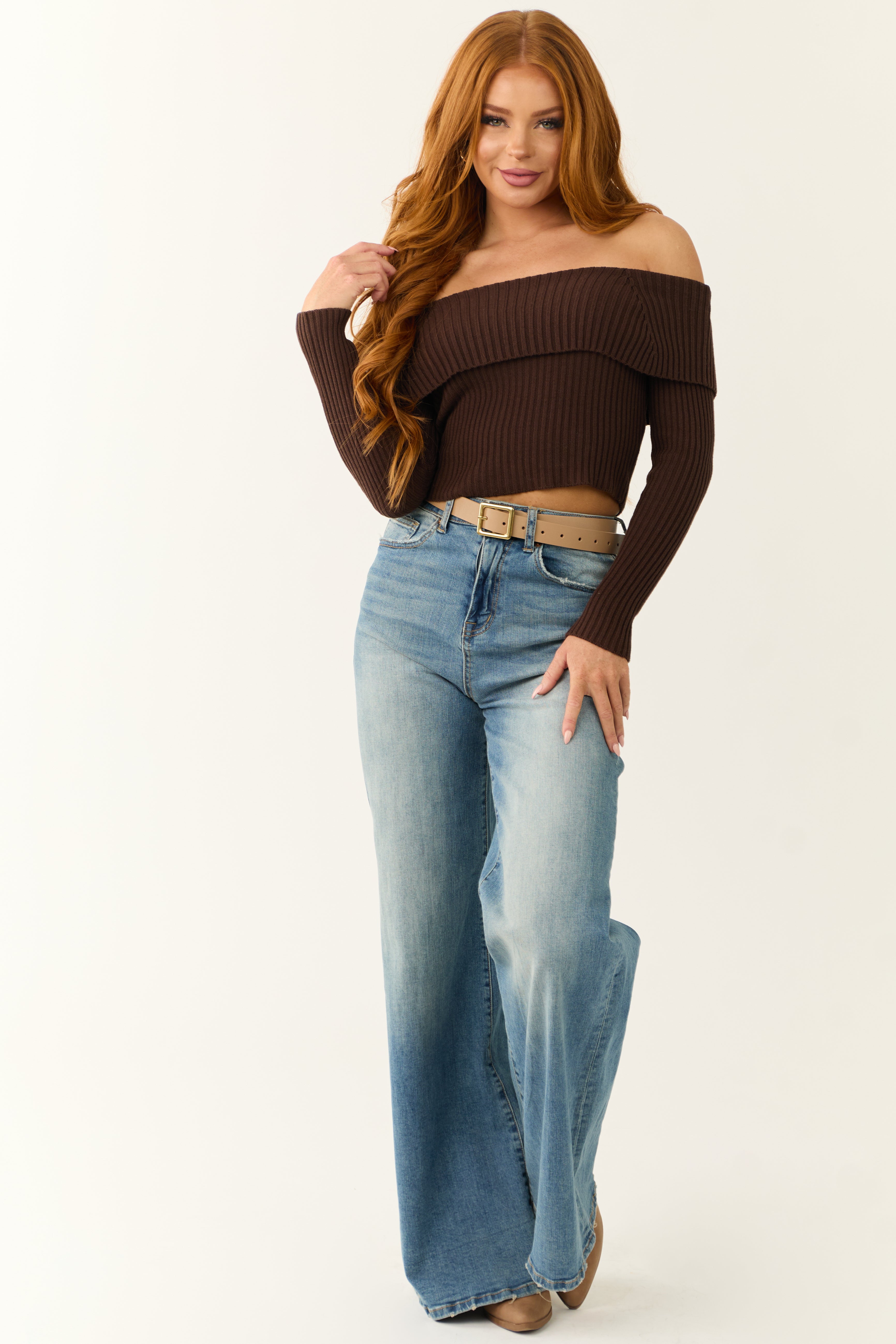 Cocoa Off Shoulder Ribbed Knit Sweater Top-Newayad